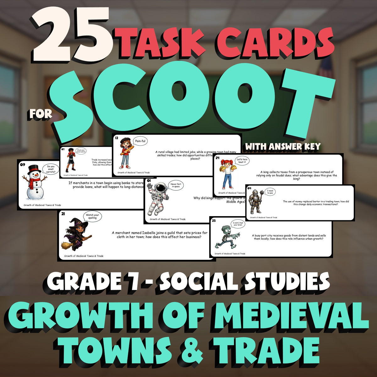 Growth of Medieval Towns & Trade SCOOT TASK CARDS Socials Game - No Prep Grade 7
