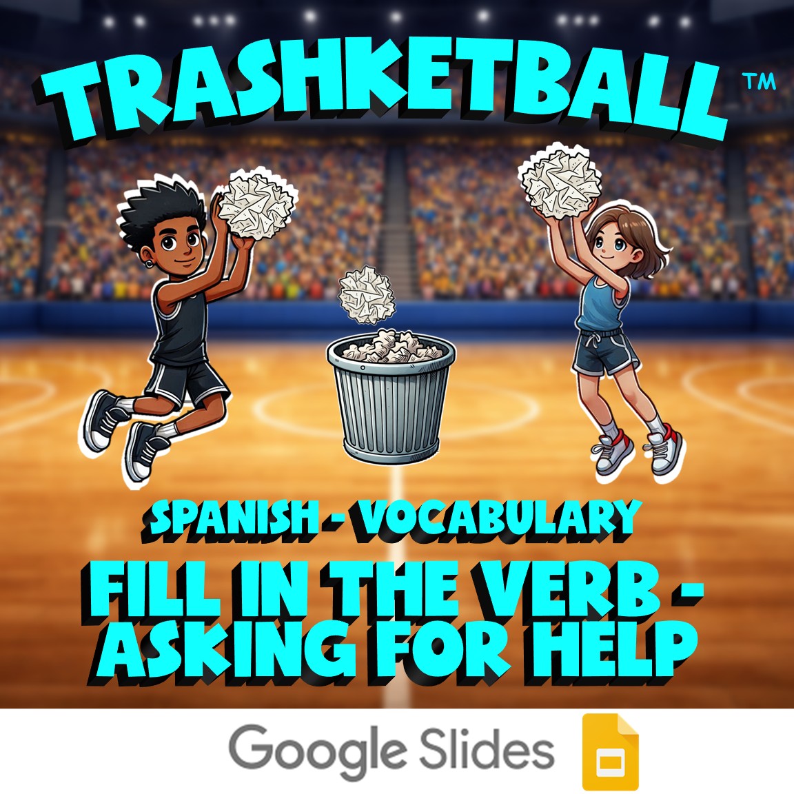 Fill In The Verb - Asking for Help TRASHKETBALL Spanish Game - No Prep Exercise