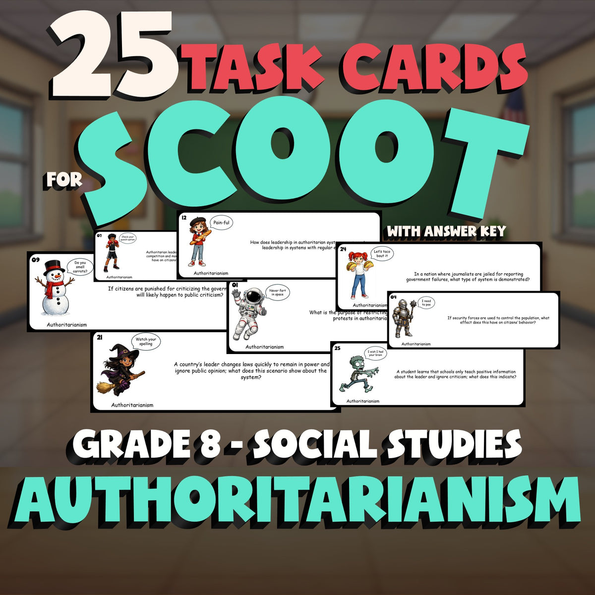 Authoritarianism SCOOT TASK CARDS Socials Game - No Prep Grade 8 Review Activity