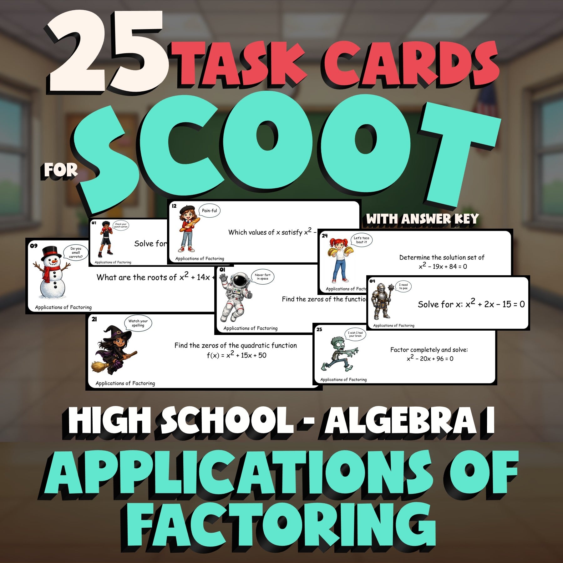 Applications of Factoring SCOOT TASK CARDS Math Game - No Prep Algebra 1 Review