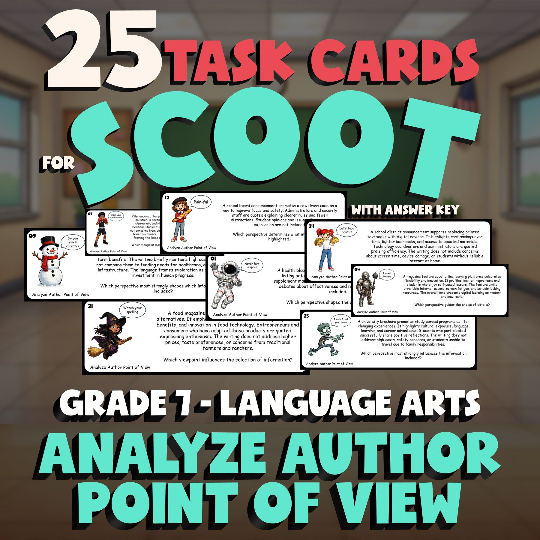 Analyze Author Point of View SCOOT TASK CARDS ELA Game - No Prep Grade 7 Review