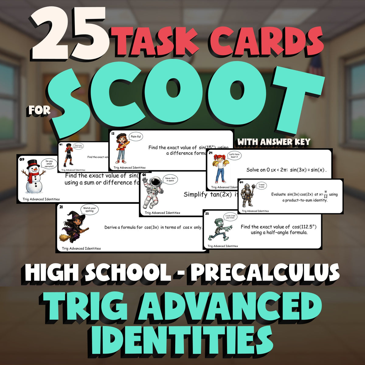 Trig Advanced Identities SCOOT TASK CARDS Math Game - No Prep PreCalculus Review