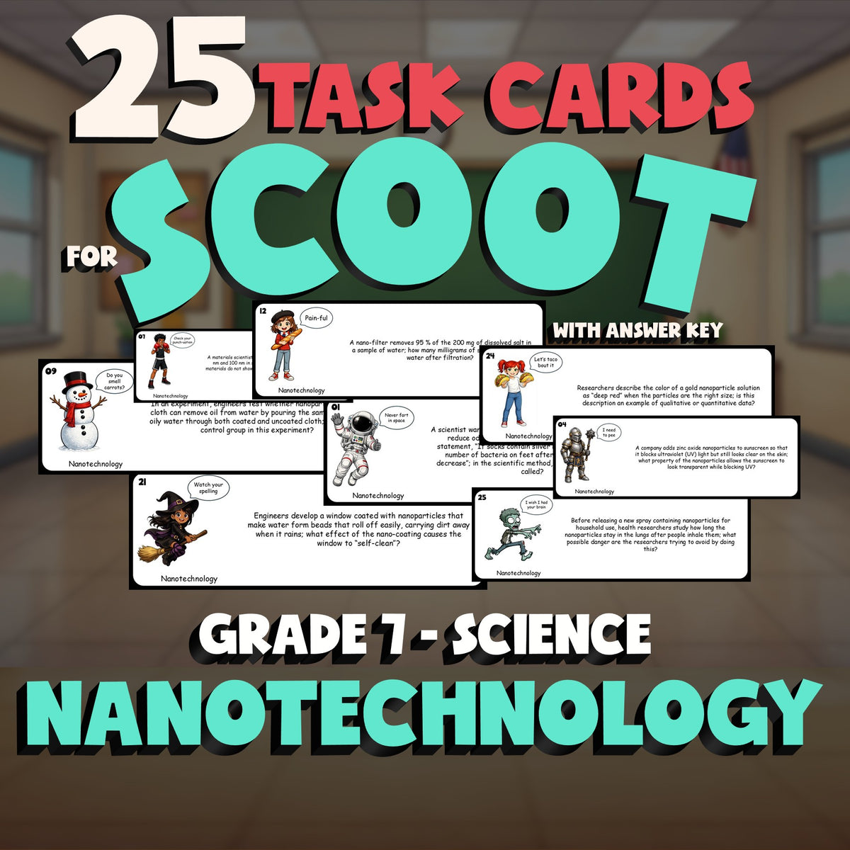 Nanotechnology SCOOT TASK CARDS Science Game - No Prep Grade 7 Review Activity