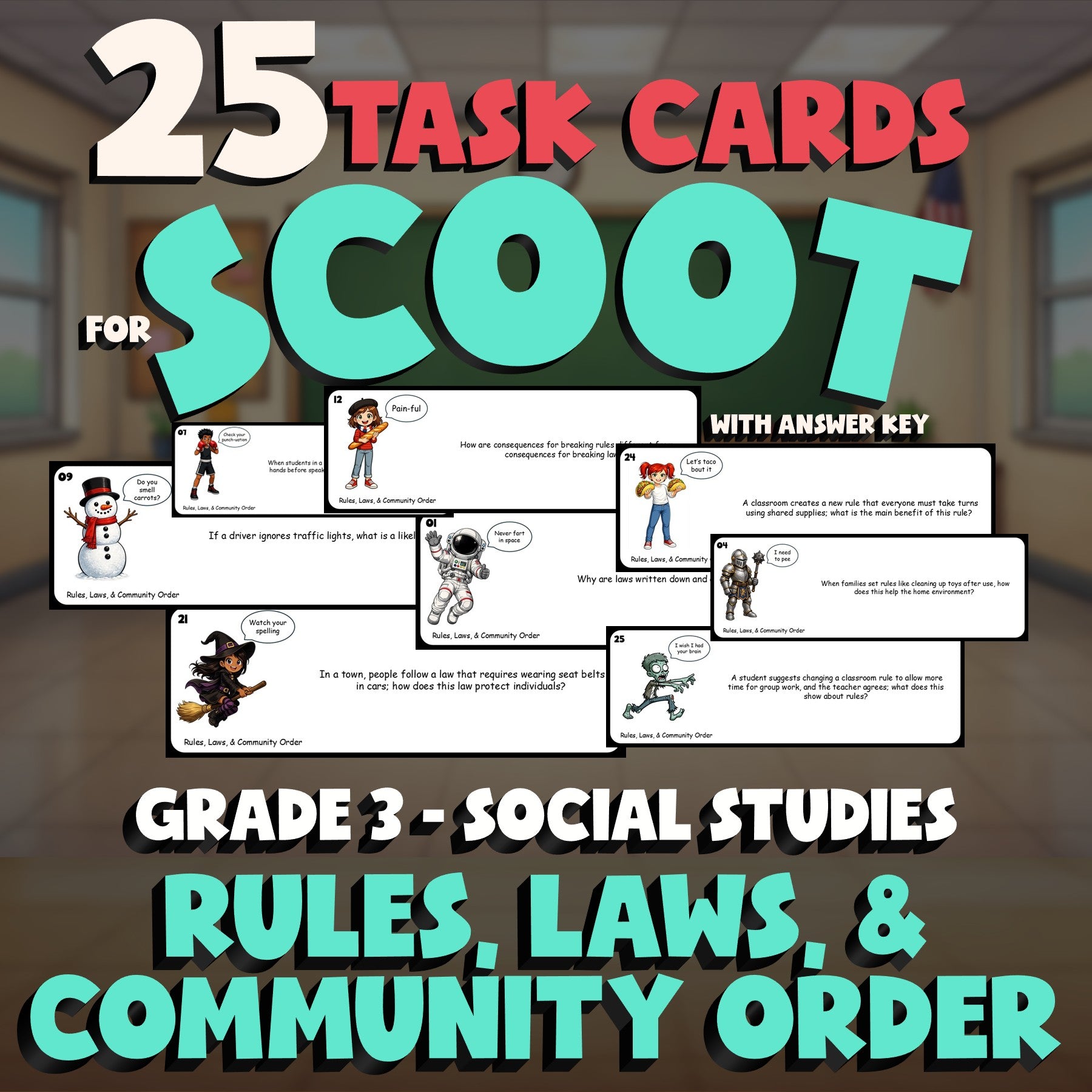 Rules, Laws, & Community Order SCOOT TASK CARDS Socials Game - No Prep Grade 3