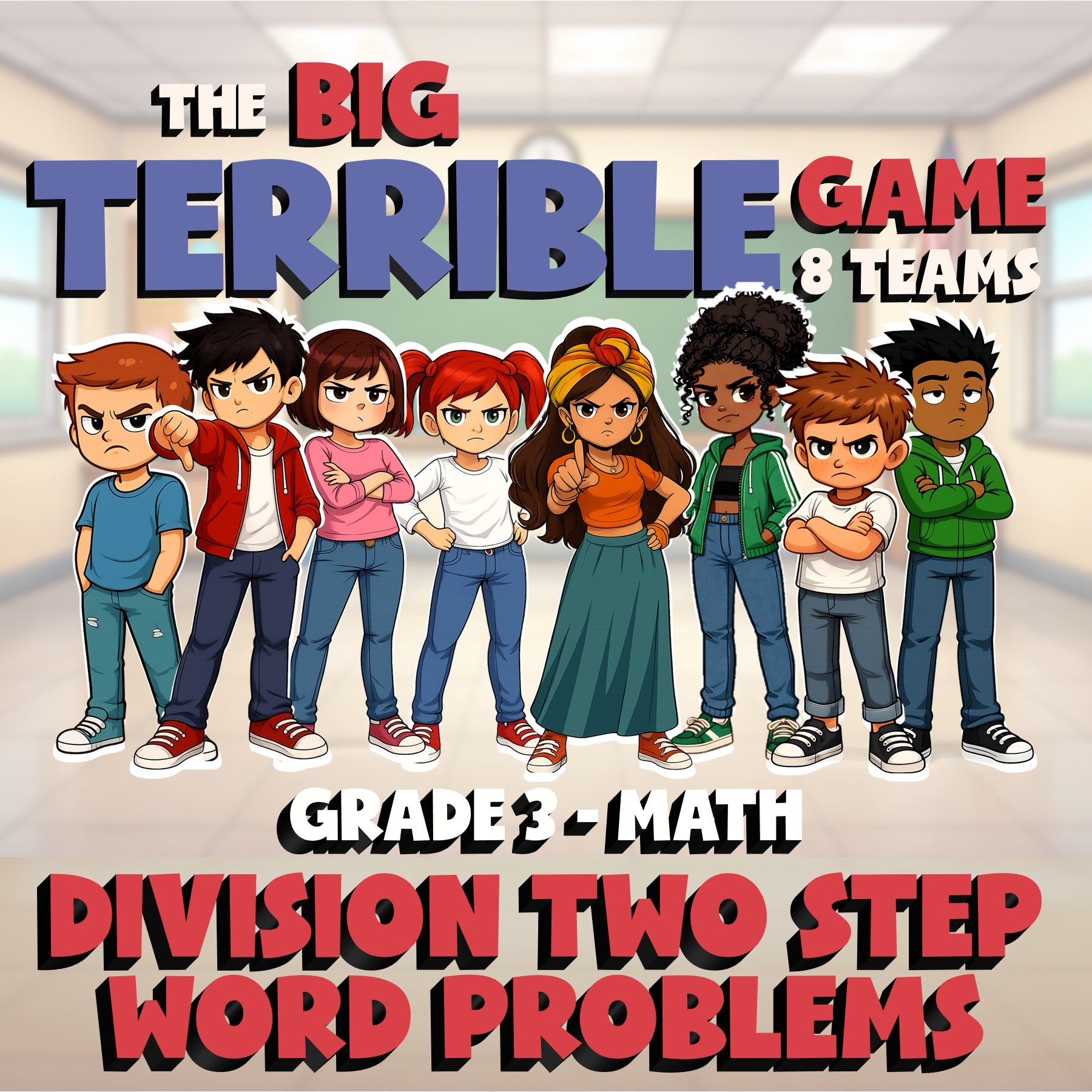 Division Two Step Word Problems BIG TERRIBLE GAME - No Prep Grade 3 Math Review