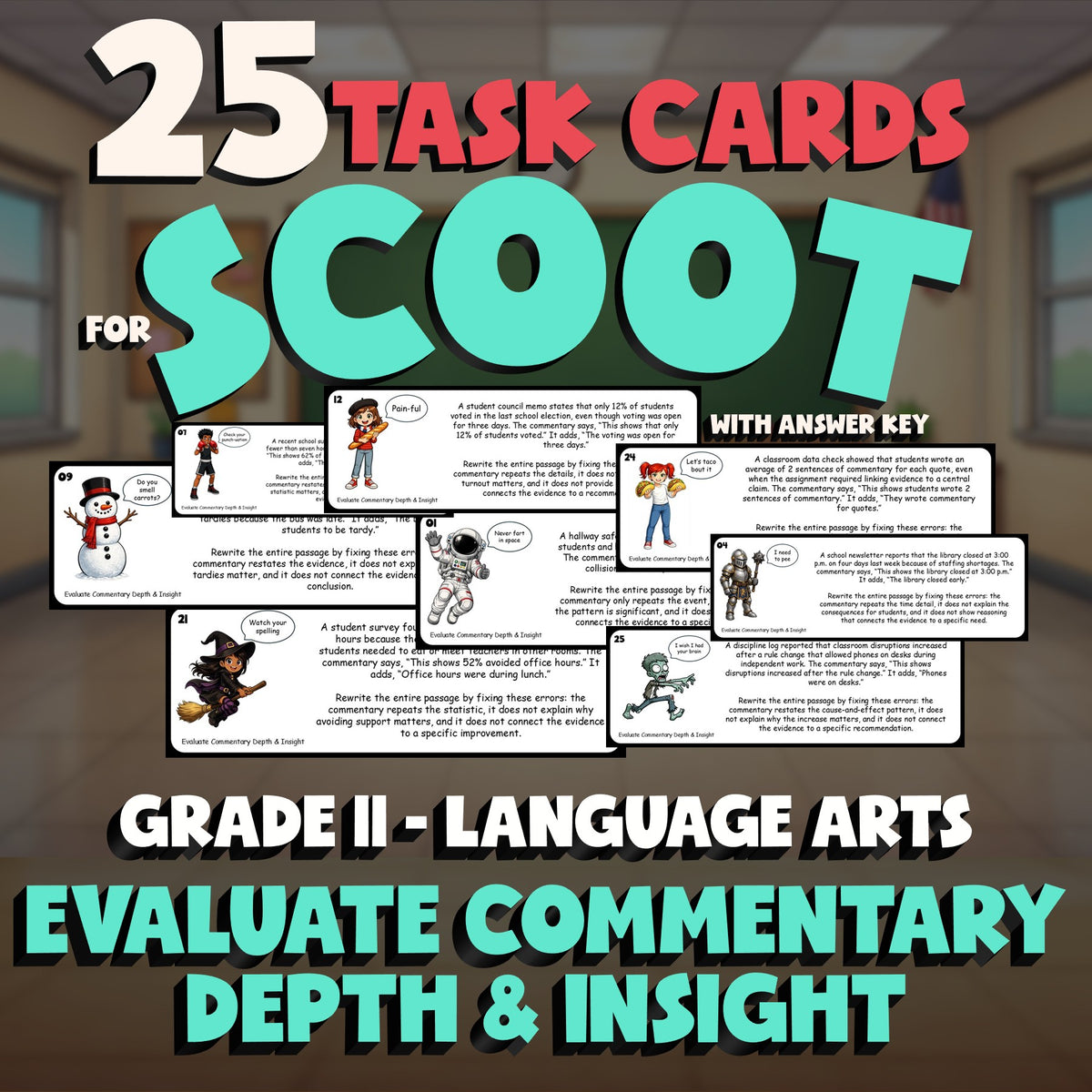 Evaluate Commentary Depth & Insight SCOOT TASK CARDS ELA Game - No Prep Grade 11