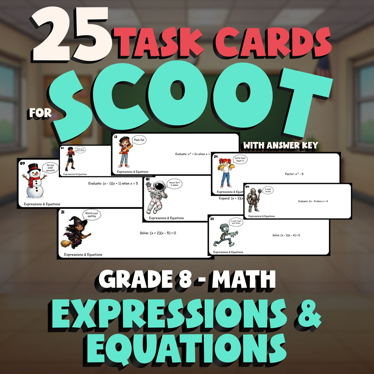 Expressions & Equations SCOOT TASK CARDS Math Game - No Prep Grade 8 Review