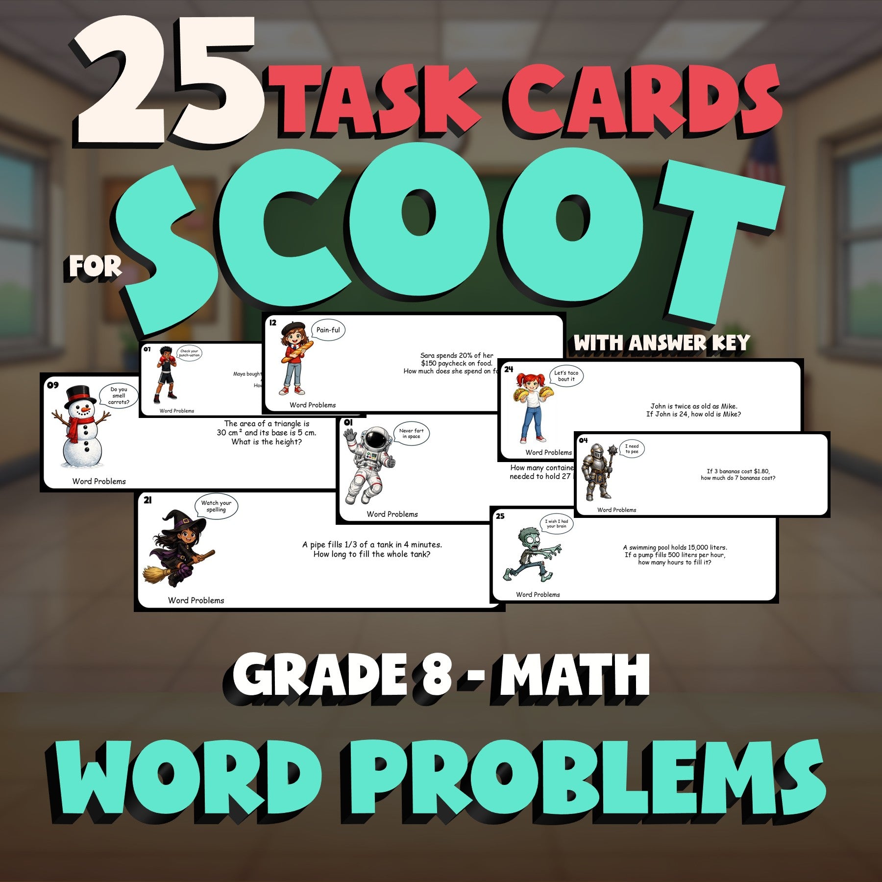 Word Problems SCOOT TASK CARDS Math Game - No Prep Grade 8 Review Activity