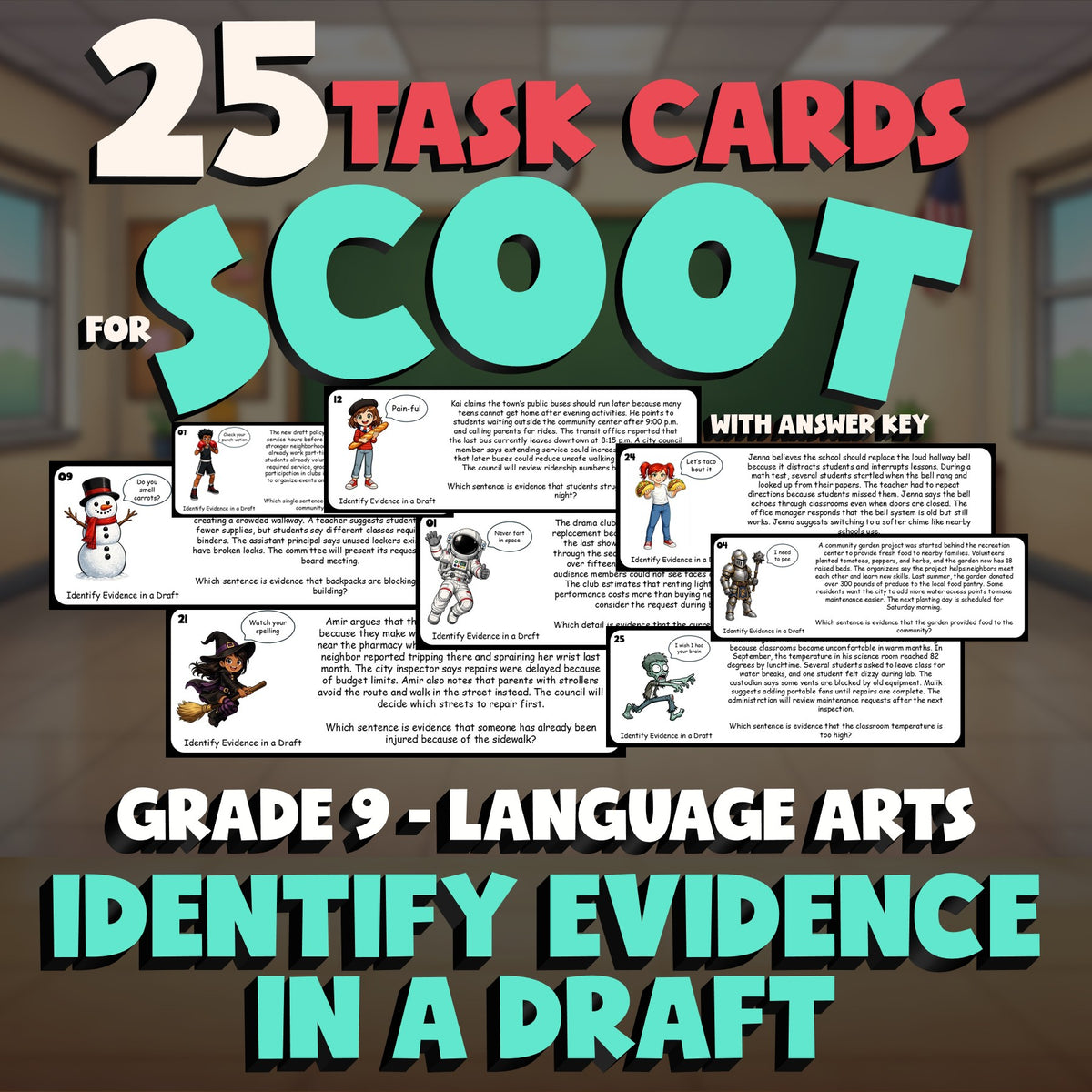 Identify Evidence in a Draft SCOOT TASK CARDS ELA Game - No Prep Grade 9 Review