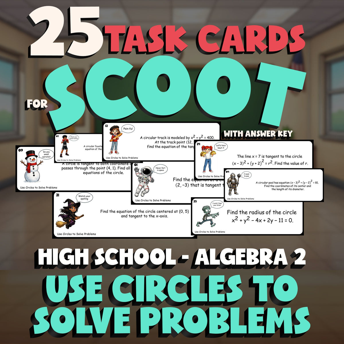 Use Circles to Solve Problems SCOOT TASK CARDS Math Game - No Prep Algebra 2