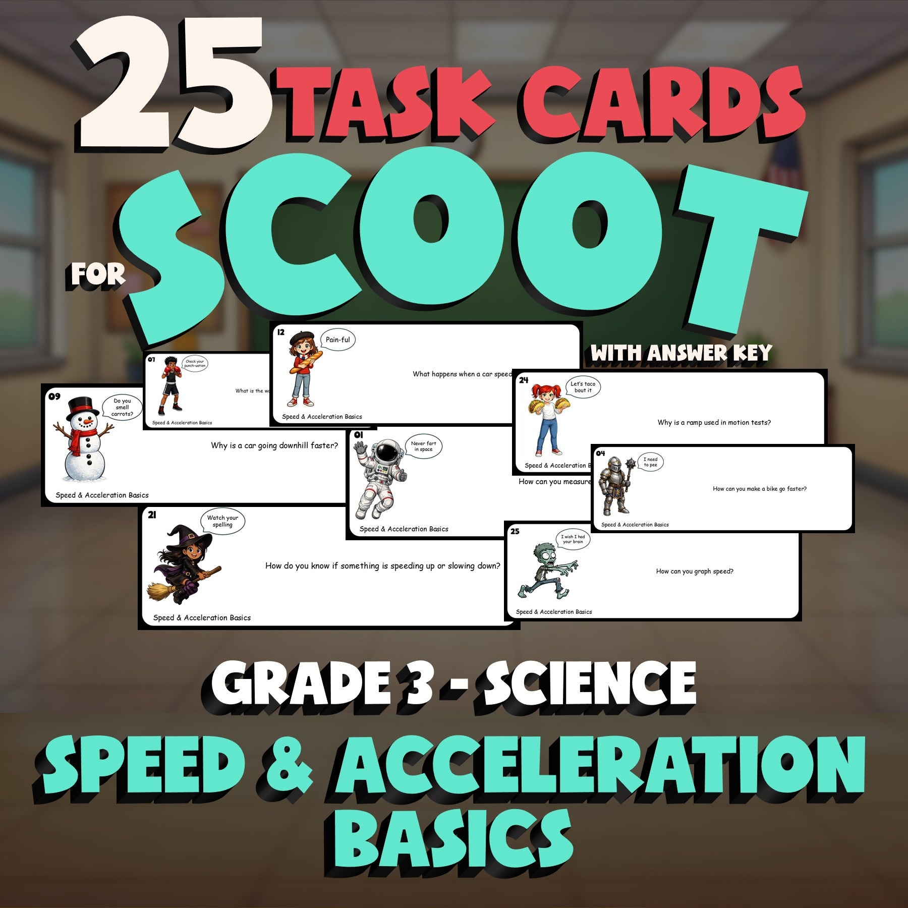Speed & Acceleration Basics SCOOT TASK CARDS Science Game - No Prep Grade 3