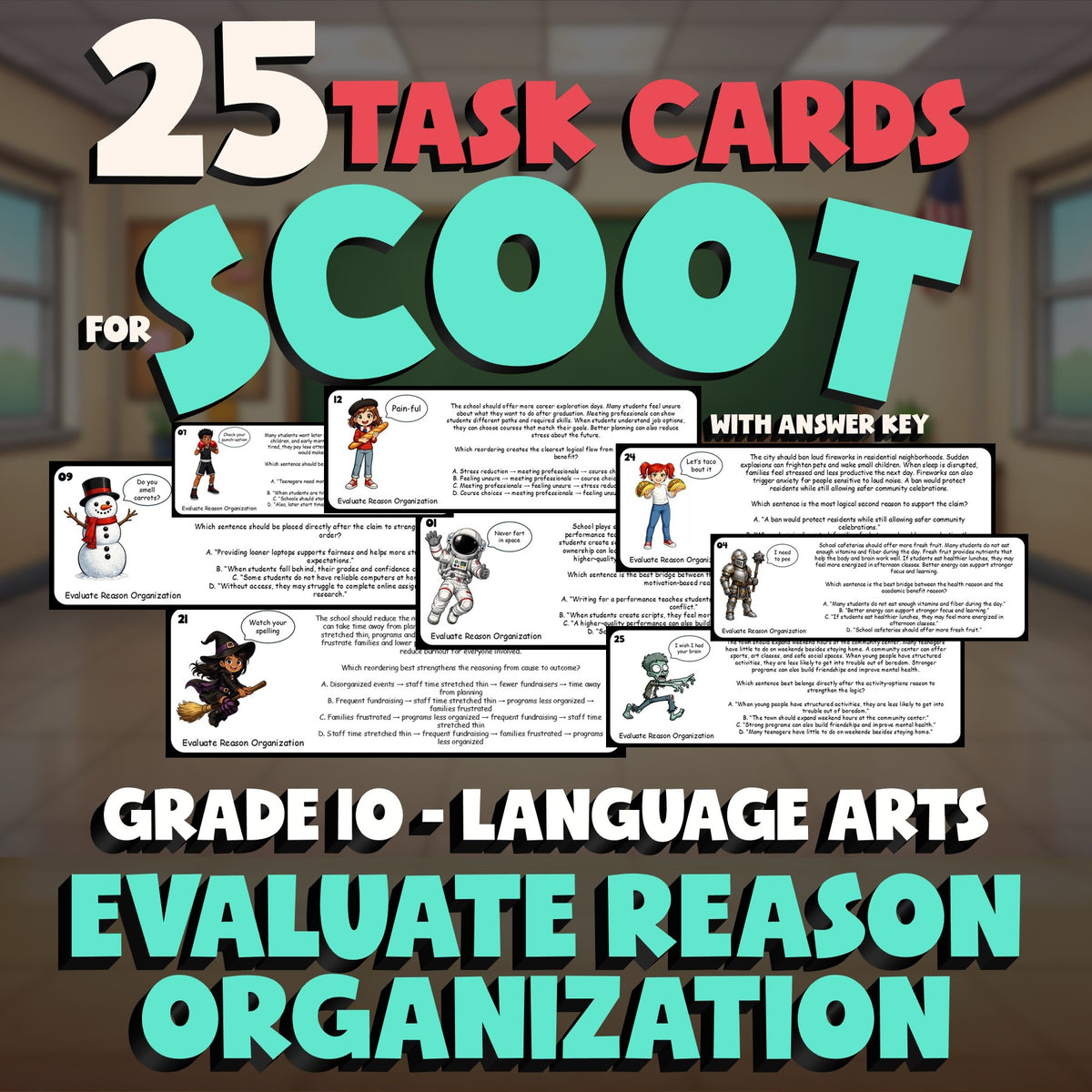 Evaluate Reason Organization SCOOT TASK CARDS ELA Game - No Prep Grade 10 Review
