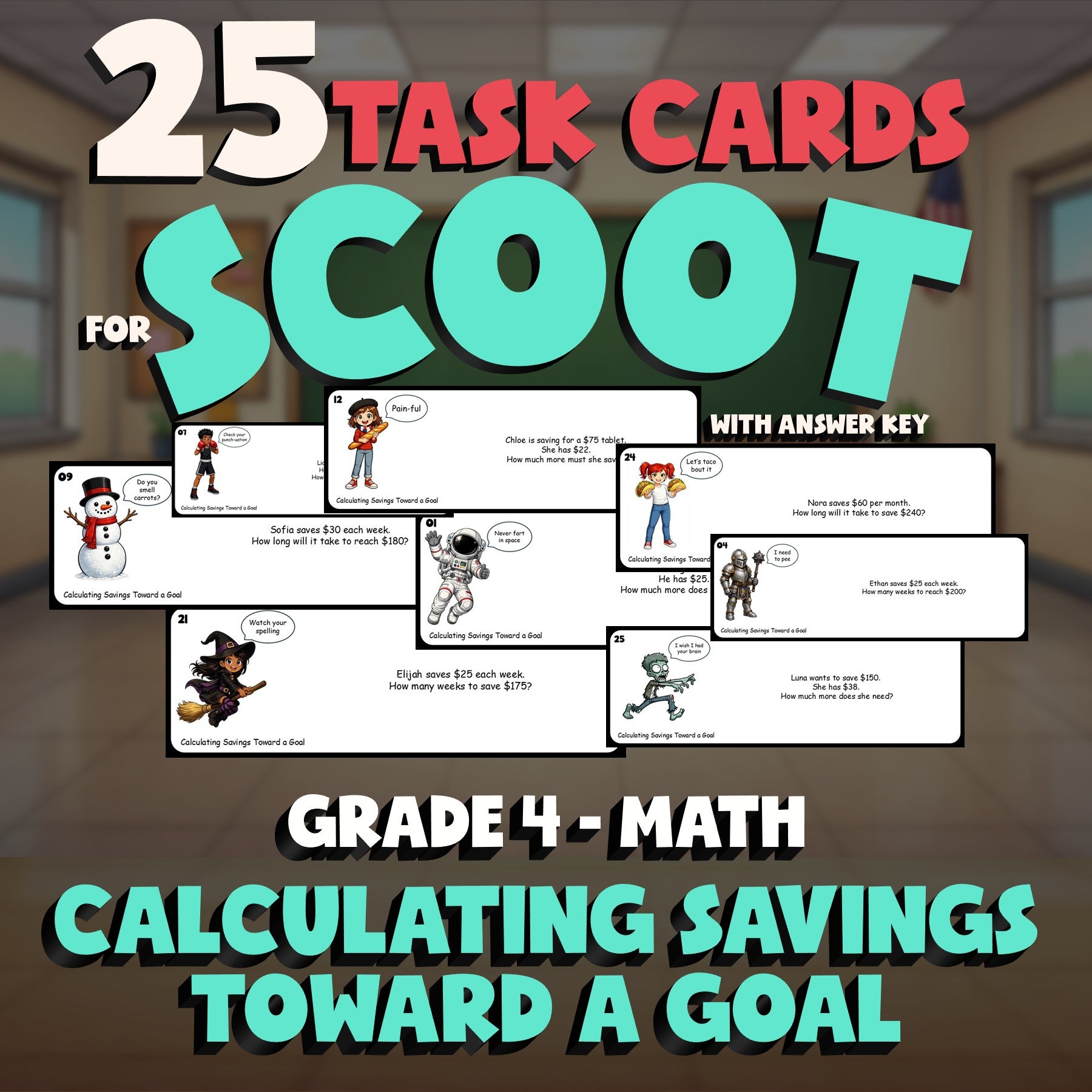 Calculating Savings Toward a Goal SCOOT TASK CARDS Math Game - No Prep Grade 4
