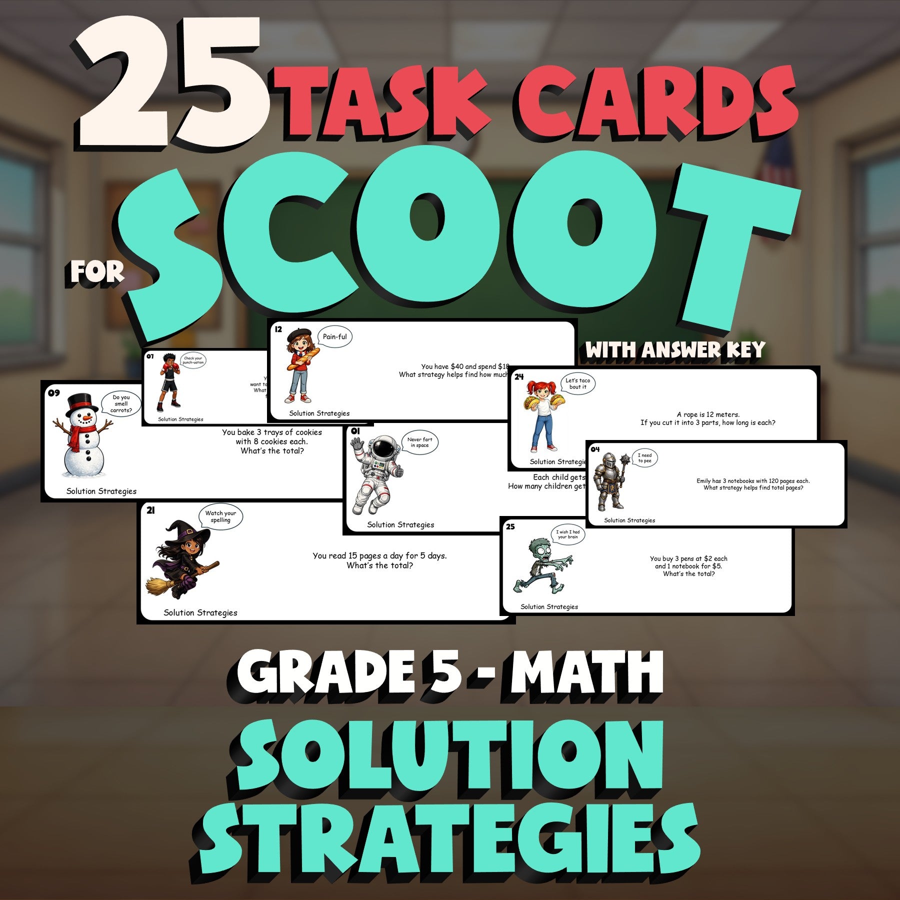 Solution Strategies SCOOT TASK CARDS Math Game - No Prep Grade 5 Review Activity