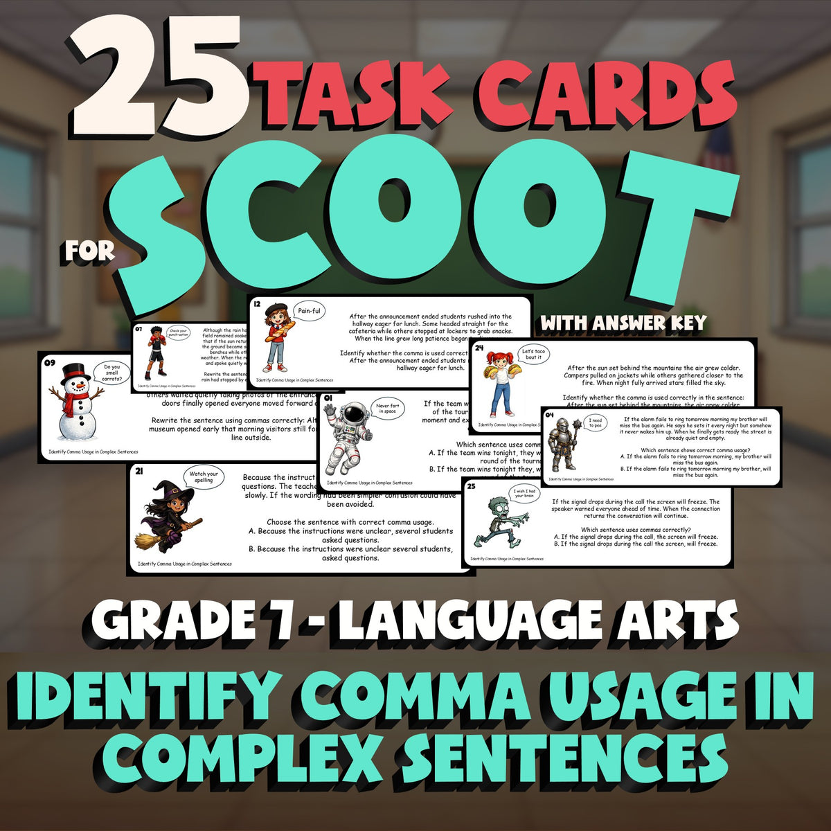 Identify Comma Usage in Complex Sentences SCOOT TASK CARDS ELA Game - Grade 7