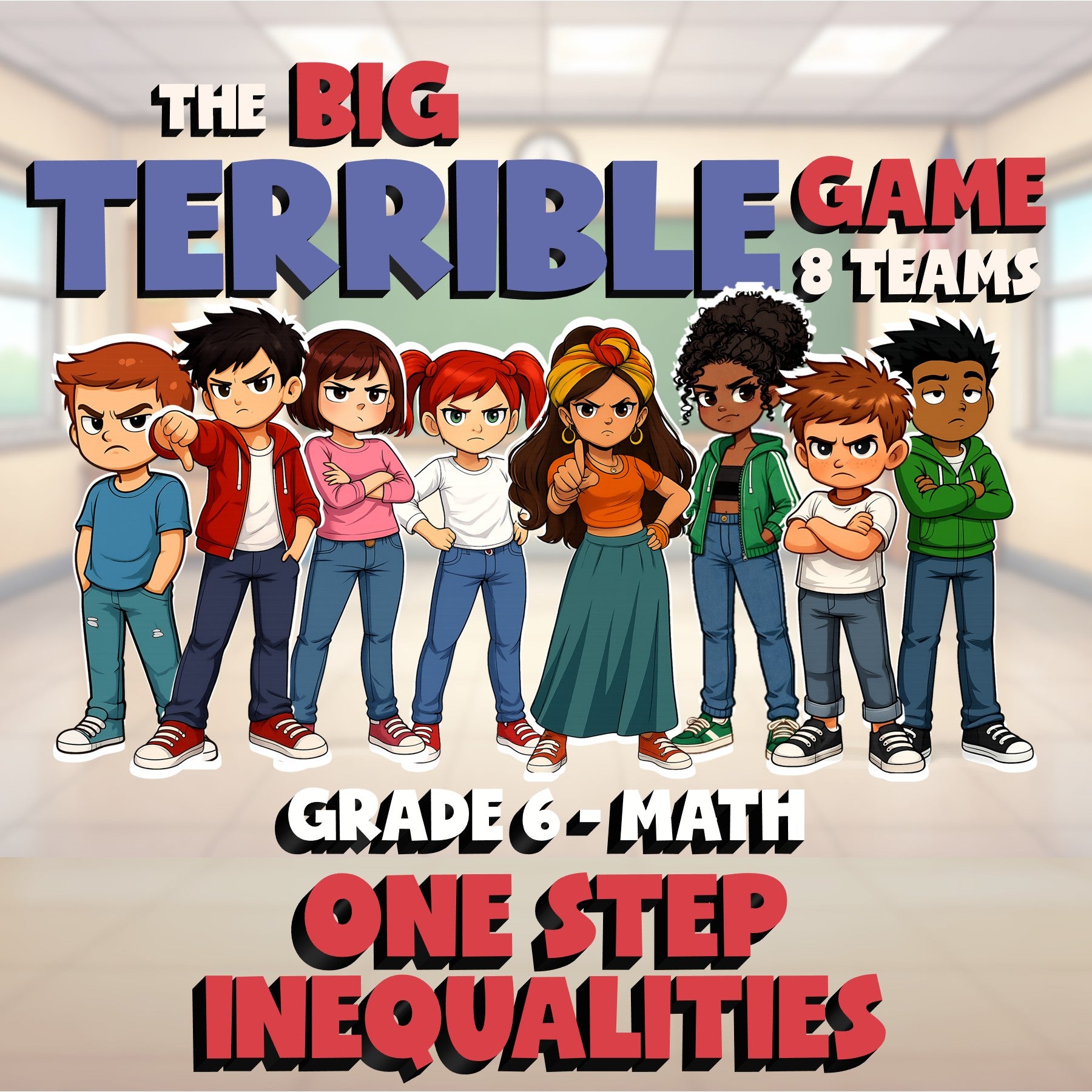 One Step Inequalities BIG TERRIBLE GAME - No Prep Grade 6 Math Review Activity