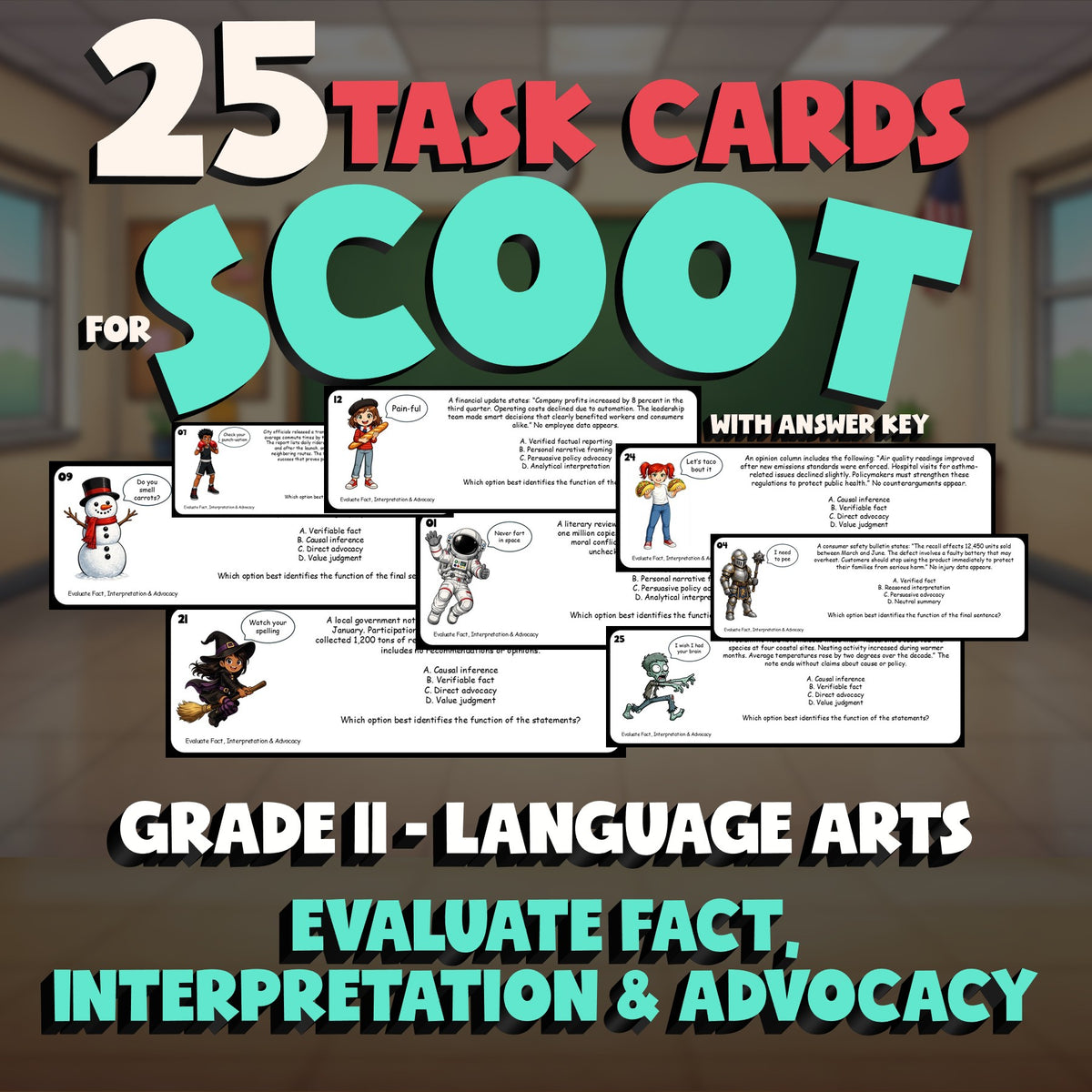 Evaluate Fact, Interpretation & Advocacy SCOOT TASK CARDS ELA Game - Grade 11