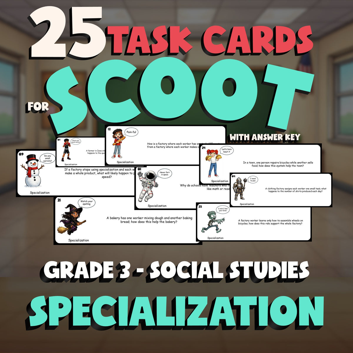 Specialization SCOOT TASK CARDS Socials Game - No Prep Grade 3 Review Activity