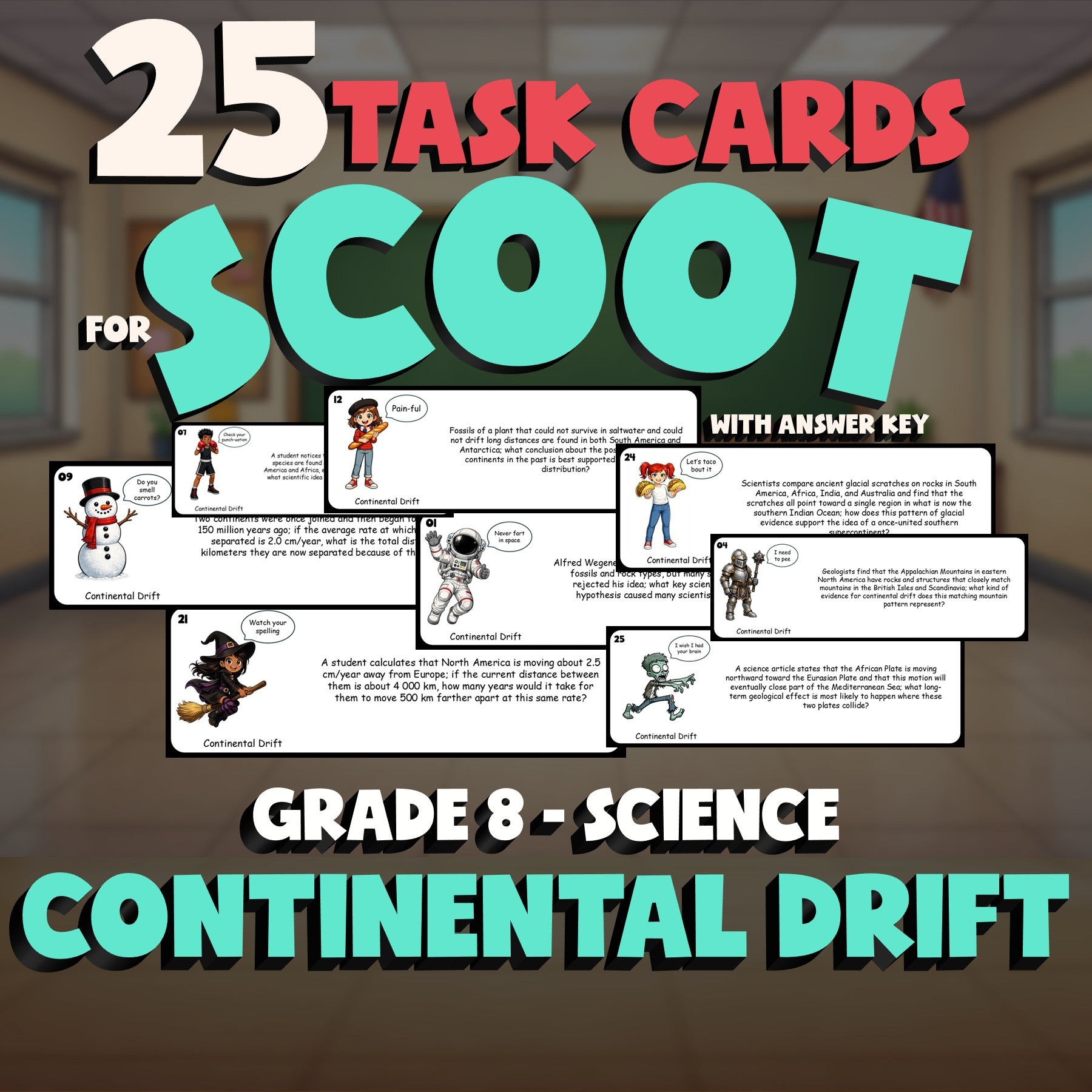 Continental Drift SCOOT TASK CARDS Science Game - No Prep Grade 8 Review