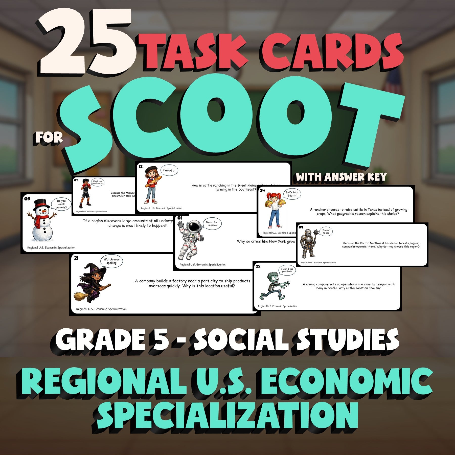 Regional U.S. Economic Specialization SCOOT TASK CARDS Socials Game - Grade 5
