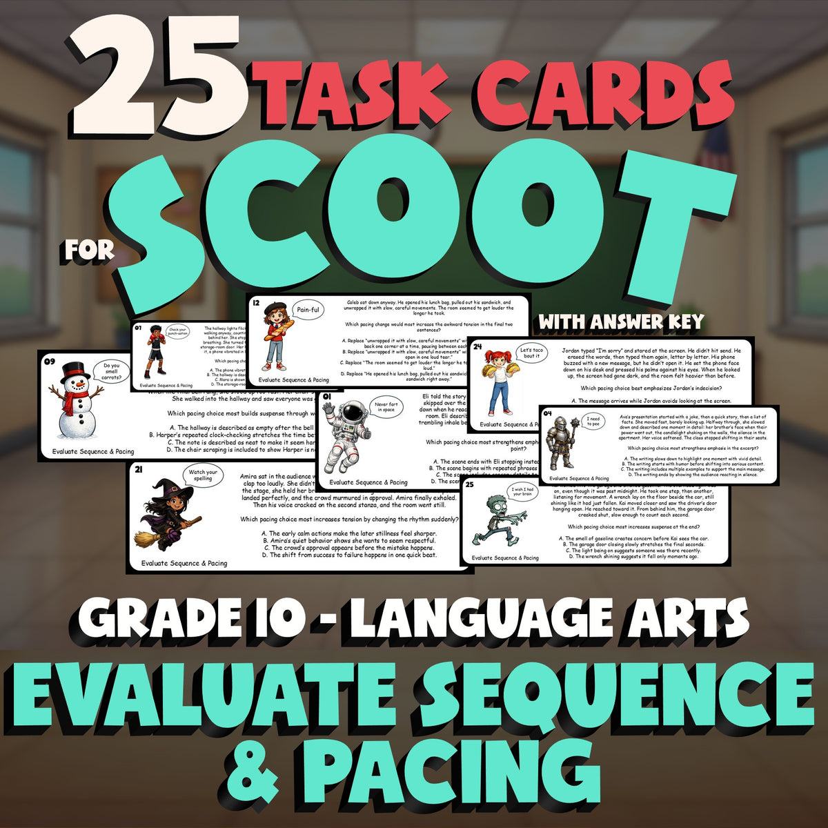 Evaluate Sequence & Pacing SCOOT TASK CARDS ELA Game - No Prep Grade 10 Review