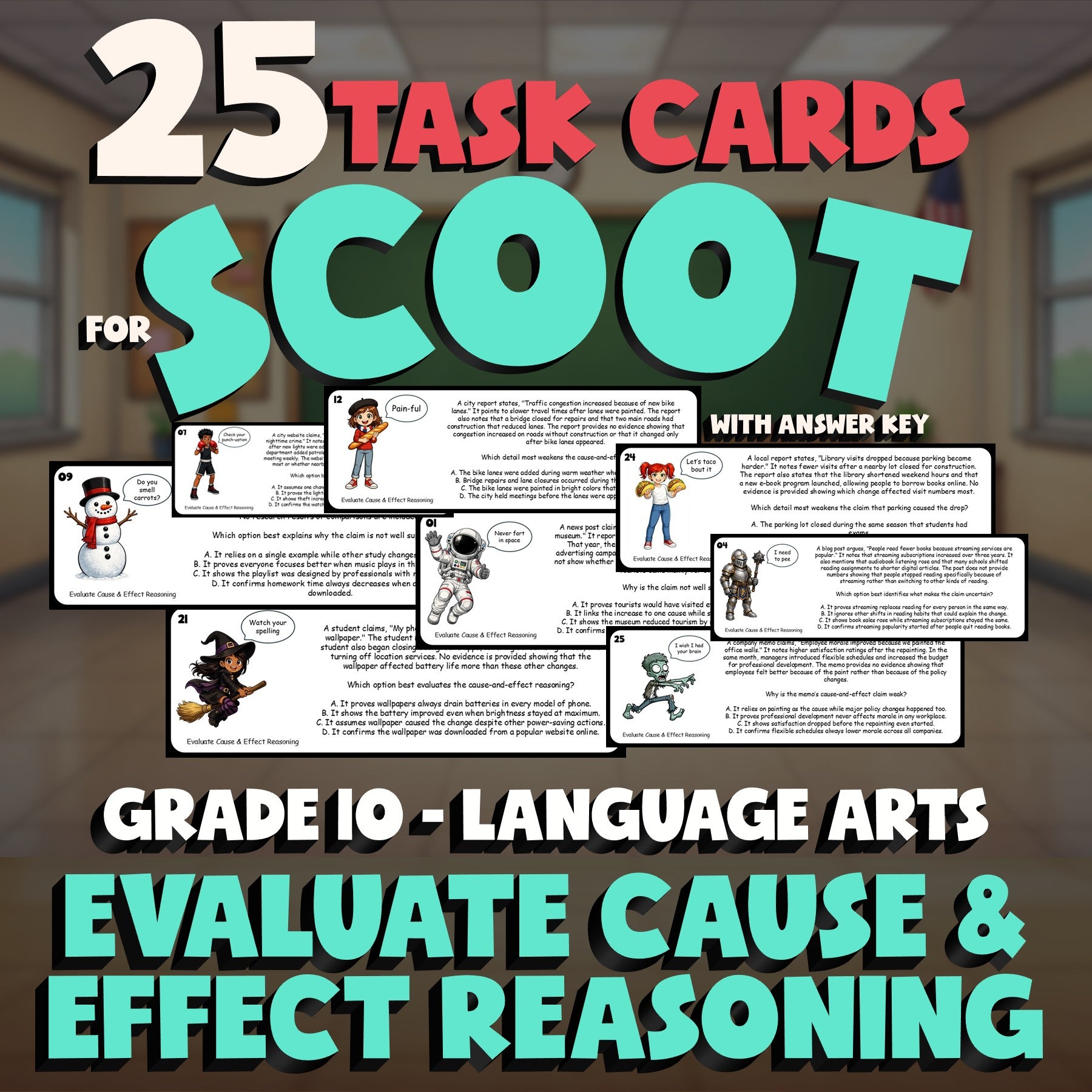 Evaluate Cause & Effect Reasoning SCOOT TASK CARDS ELA Game - No Prep Grade 10