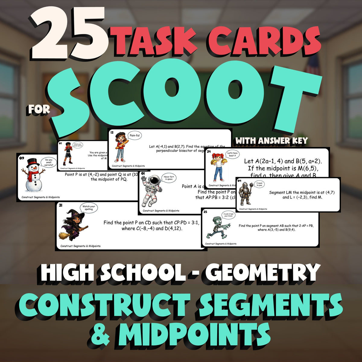 Construct Segments & Midpoints SCOOT TASK CARDS Math Game - No Prep Geometry