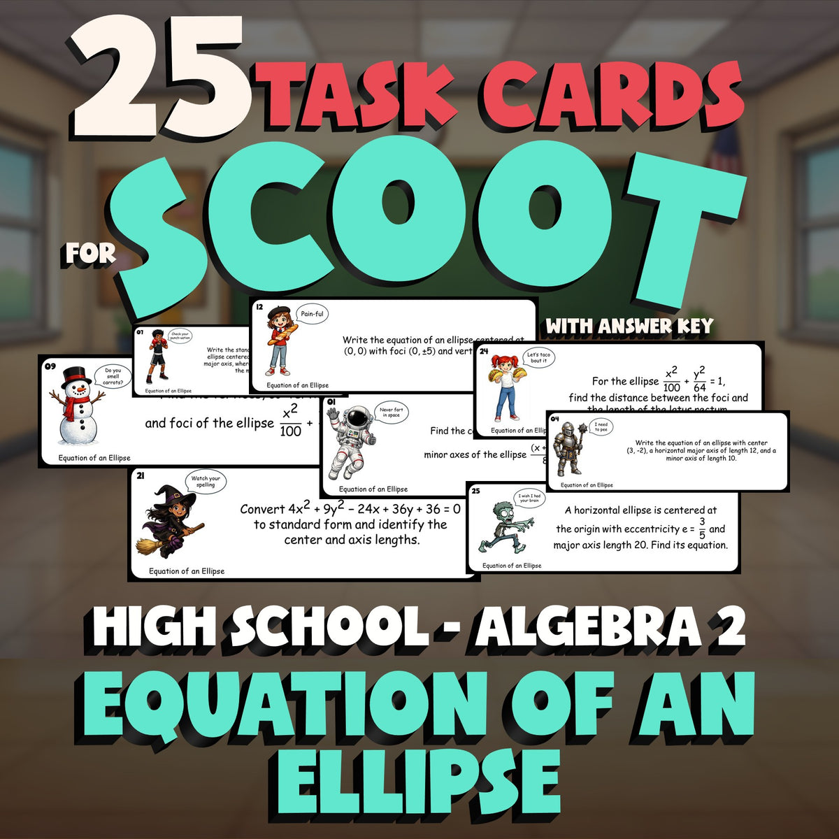 Equation of an Ellipse SCOOT TASK CARDS Math Game - No Prep Algebra 2 Review