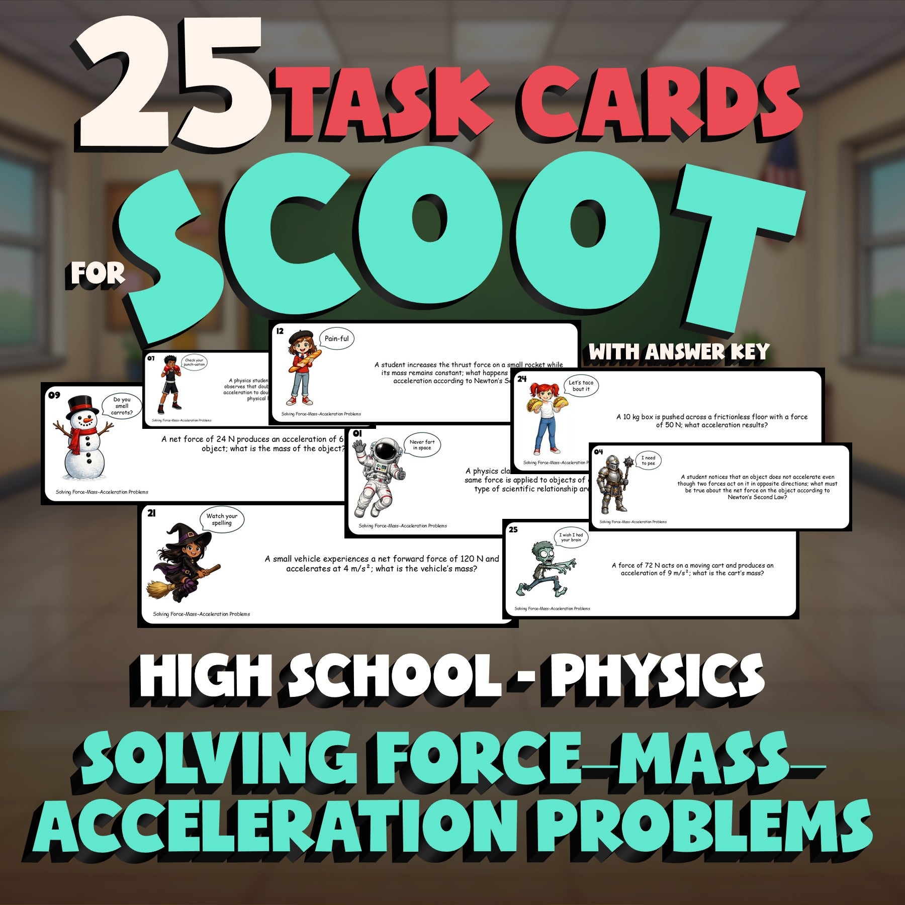 Solving Force–Mass–Acceleration Problems SCOOT TASK CARDS Science Game - Physics