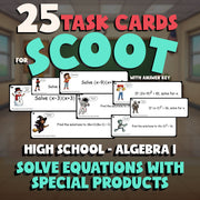 Solve Equations with Special Products SCOOT TASK CARDS Math Game - Algebra 1