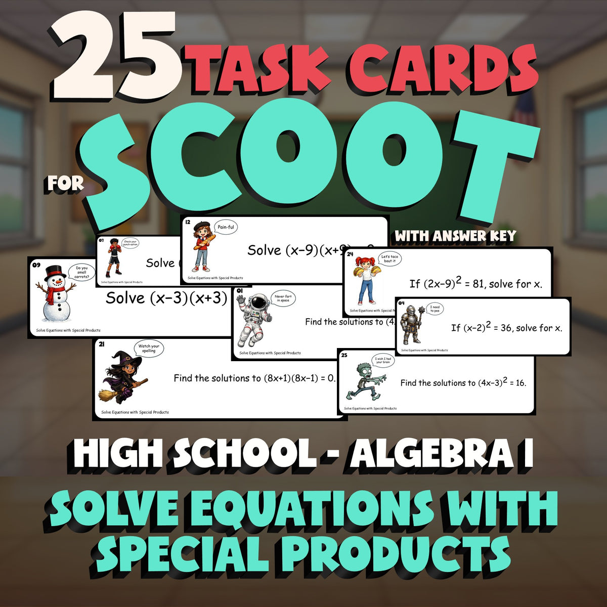 Solve Equations with Special Products SCOOT TASK CARDS Math Game - Algebra 1