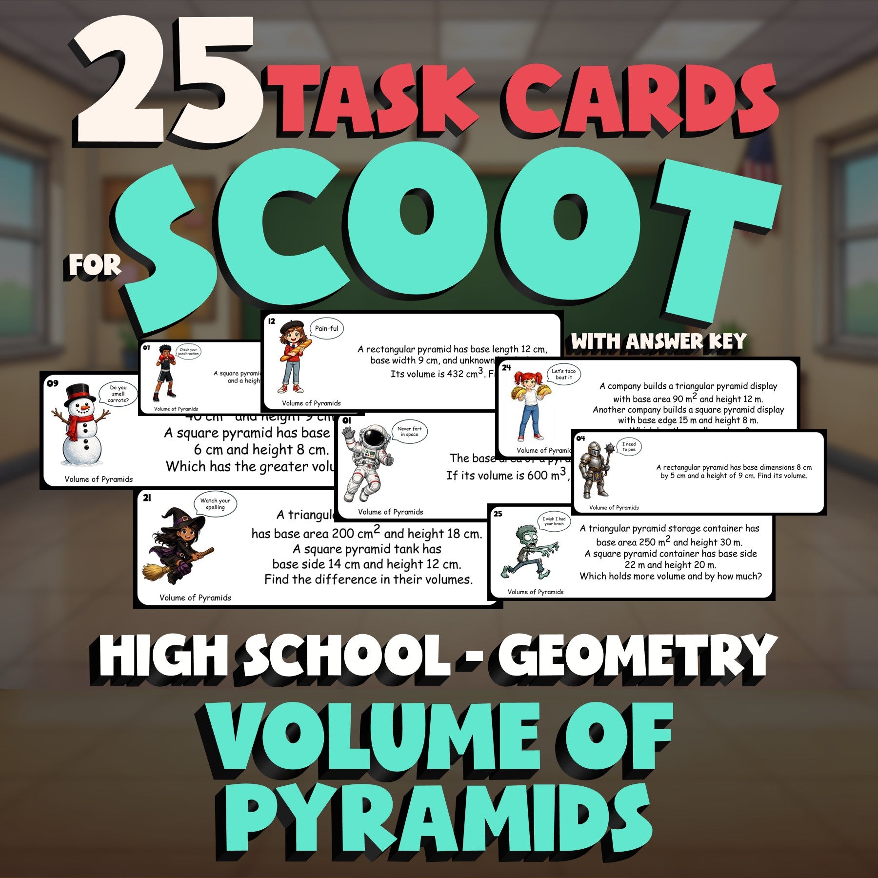Volume of Pyramids SCOOT TASK CARDS Math Game - No Prep Geometry Review Activity