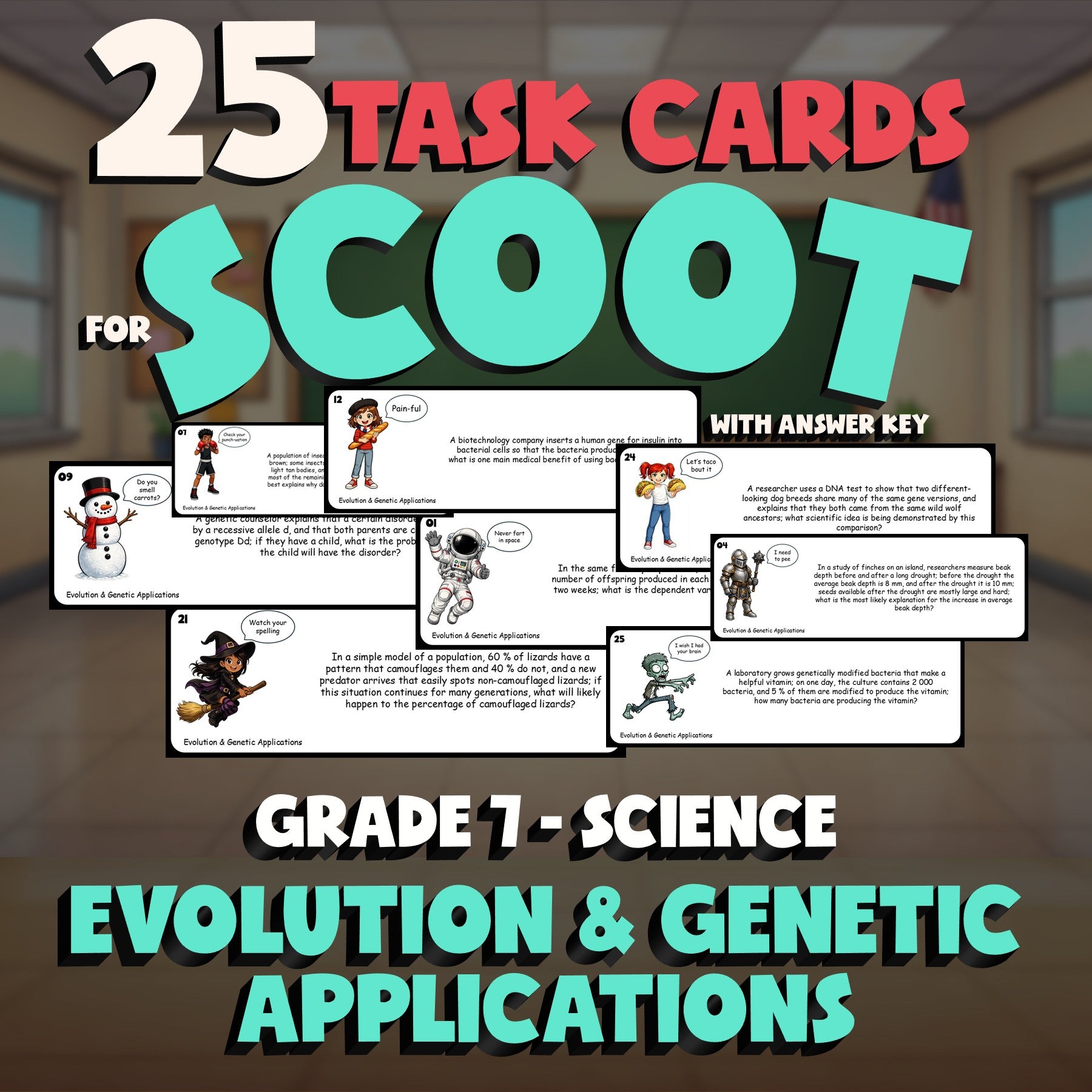 Evolution & Genetic Applications SCOOT TASK CARDS Science Game - No Prep Grade 7