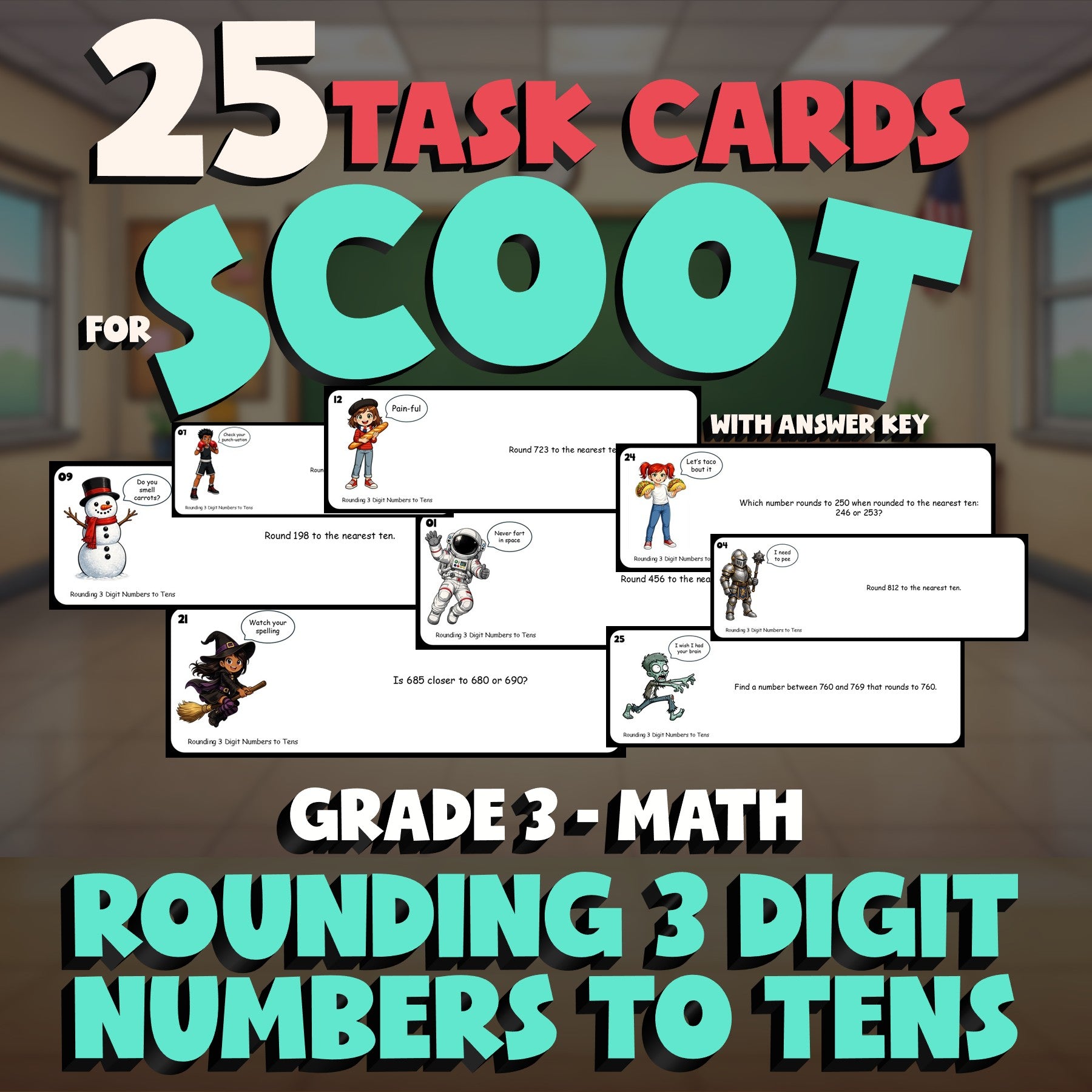 Rounding 3 Digit Numbers to Tens SCOOT TASK CARDS Math Game - No Prep Grade 3