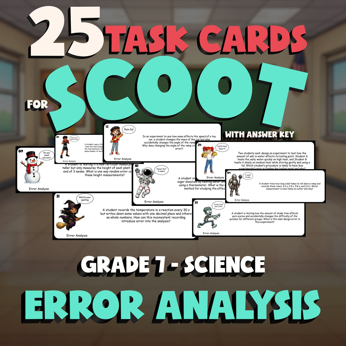 Error Analysis SCOOT TASK CARDS Science Game - No Prep Grade 7 Review Activity