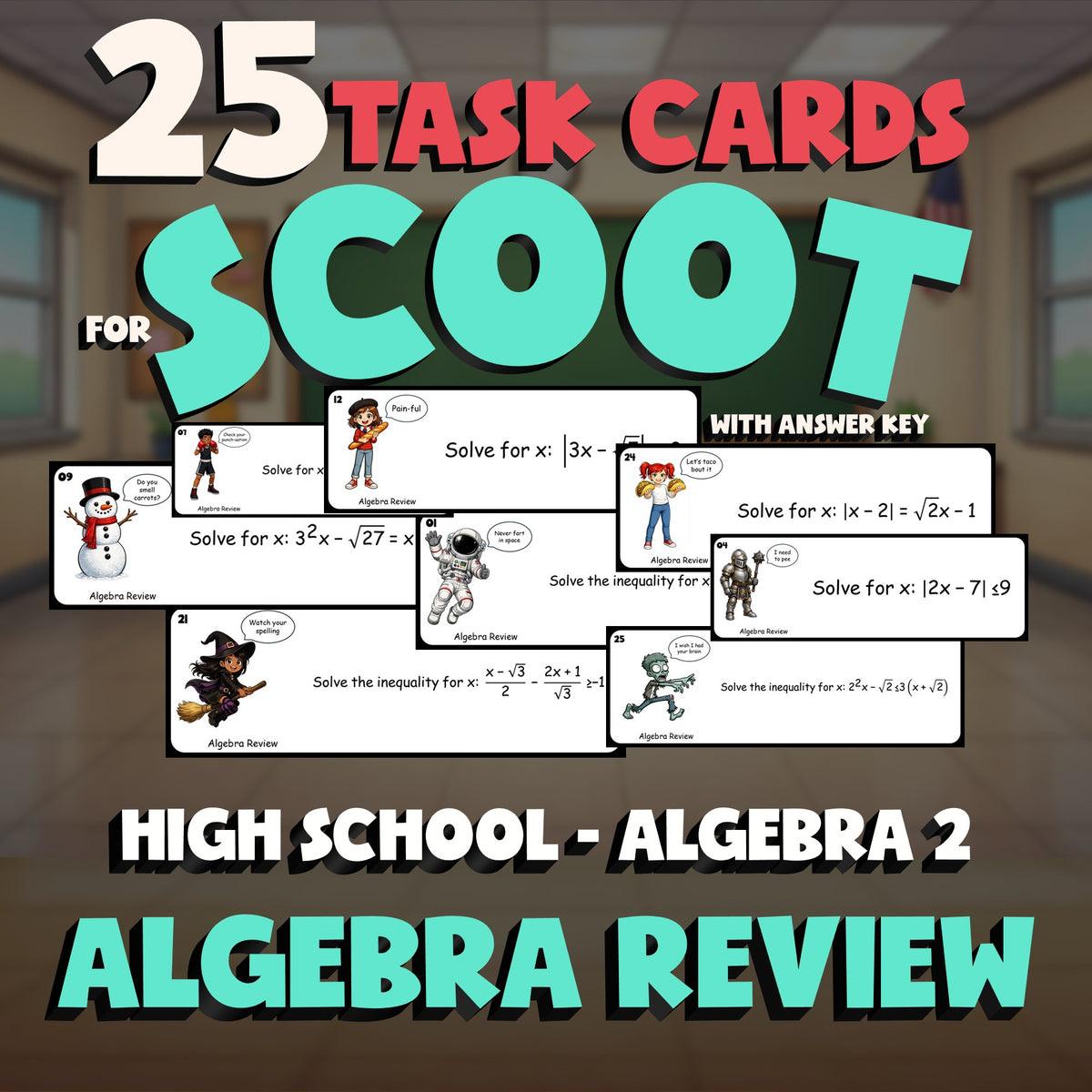 Algebra Review SCOOT TASK CARDS Math Game - No Prep Algebra 2 Review Activity