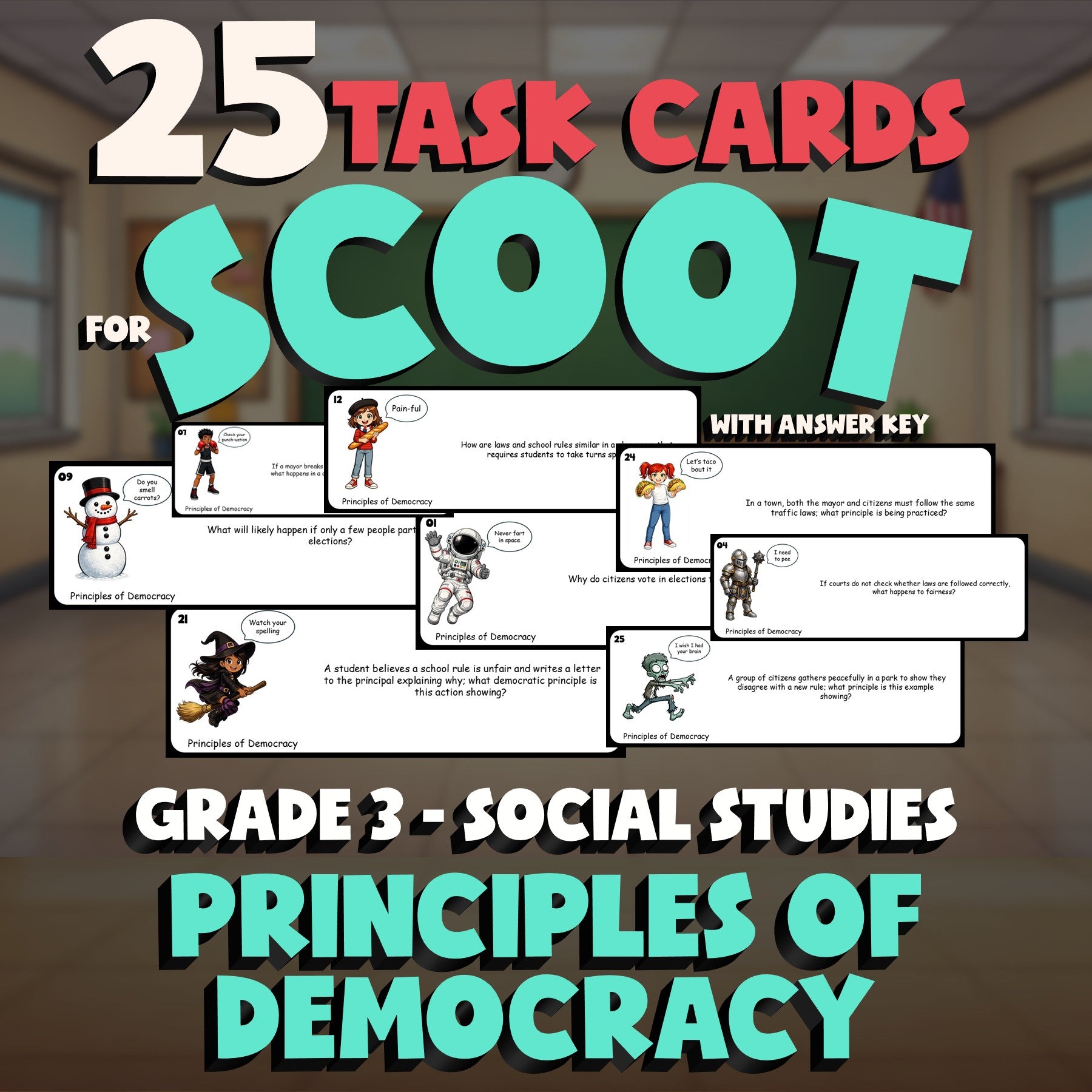 Principles of Democracy SCOOT TASK CARDS Socials Game - No Prep Grade 3 Review