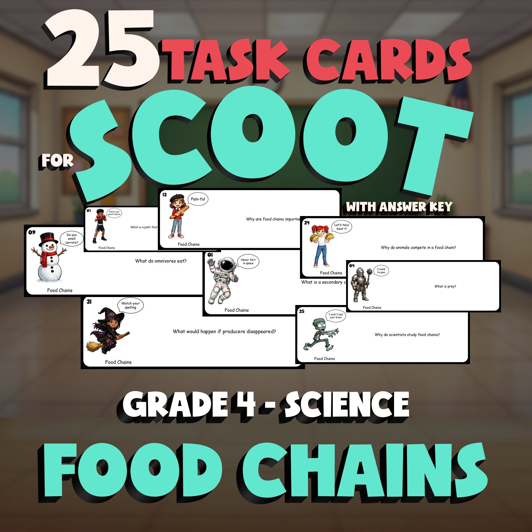 Food Chains SCOOT TASK CARDS Science Game - No Prep Grade 4 Review Activity