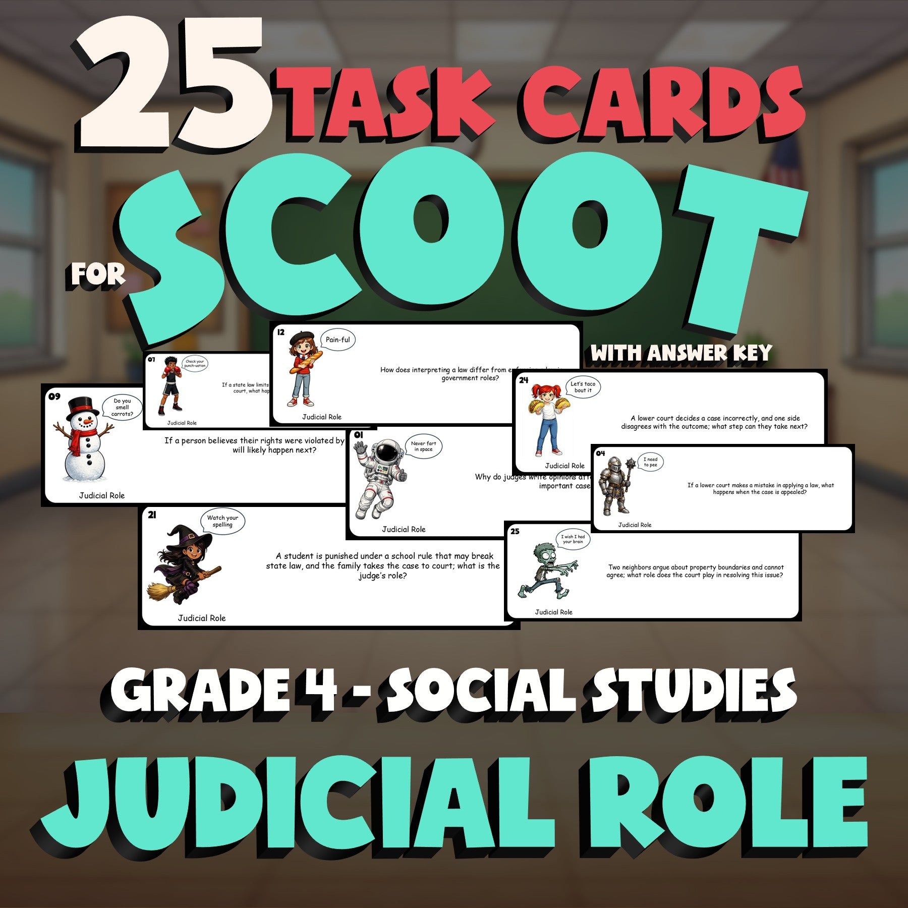 Judicial Role SCOOT TASK CARDS Socials Game - No Prep Grade 4 Review Activity