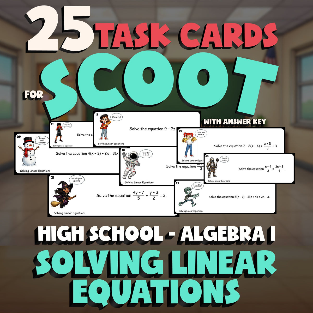 Solving Linear Equations SCOOT TASK CARDS Math Game - No Prep Algebra 1 Review