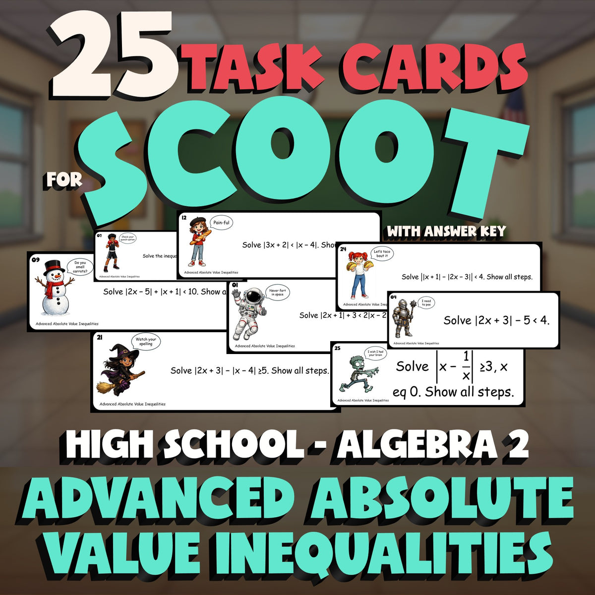 Advanced Absolute Value Inequalities SCOOT TASK CARDS Math Game - Algebra 2