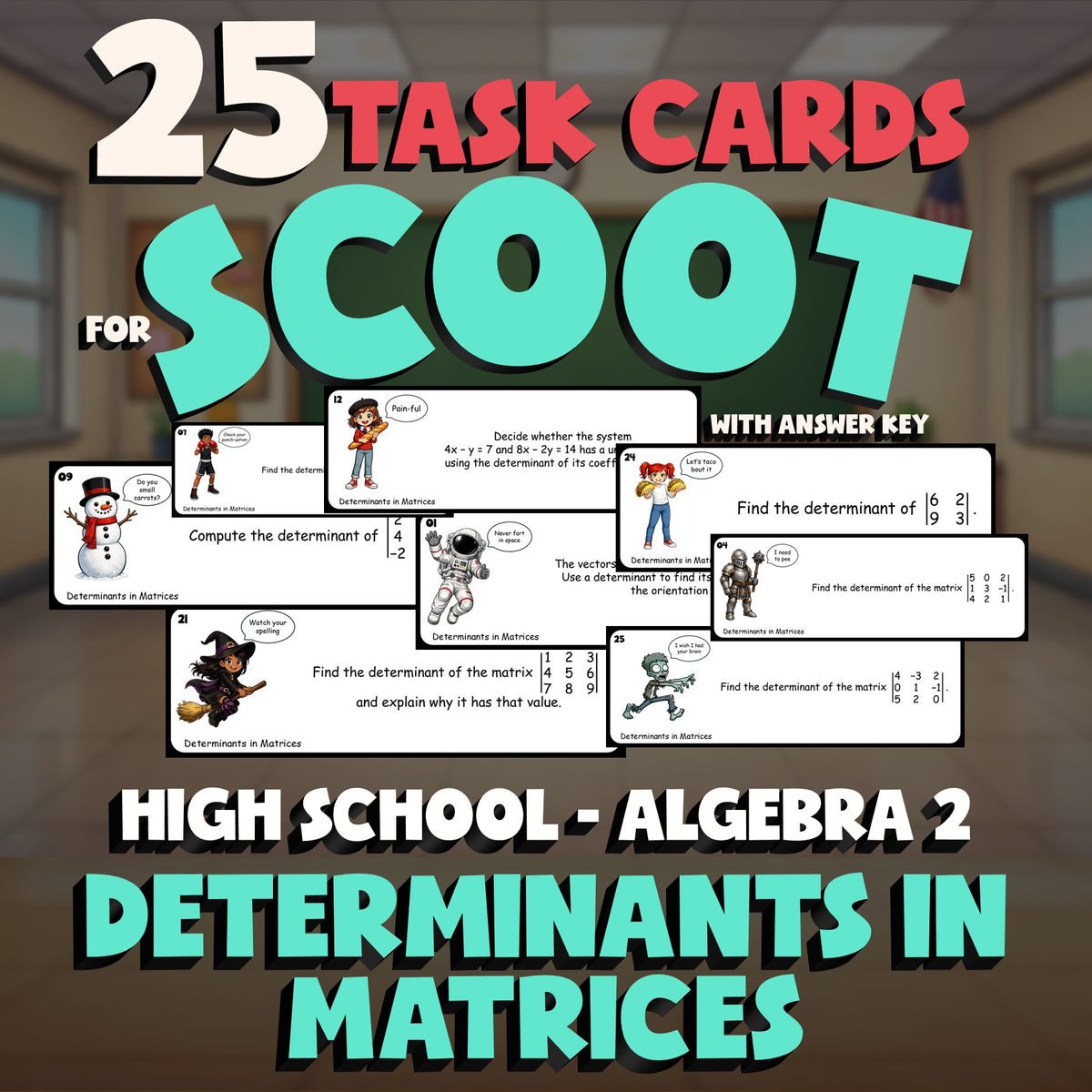 Determinants in Matrices SCOOT TASK CARDS Math Game - No Prep Algebra 2 Review