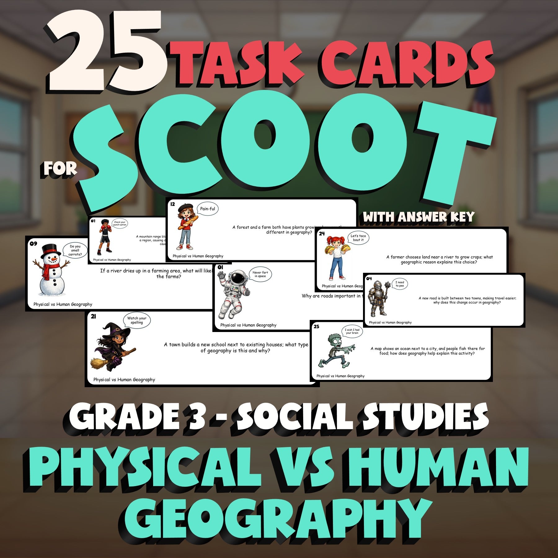 Physical vs Human Geography SCOOT TASK CARDS Socials Game - No Prep Grade 3