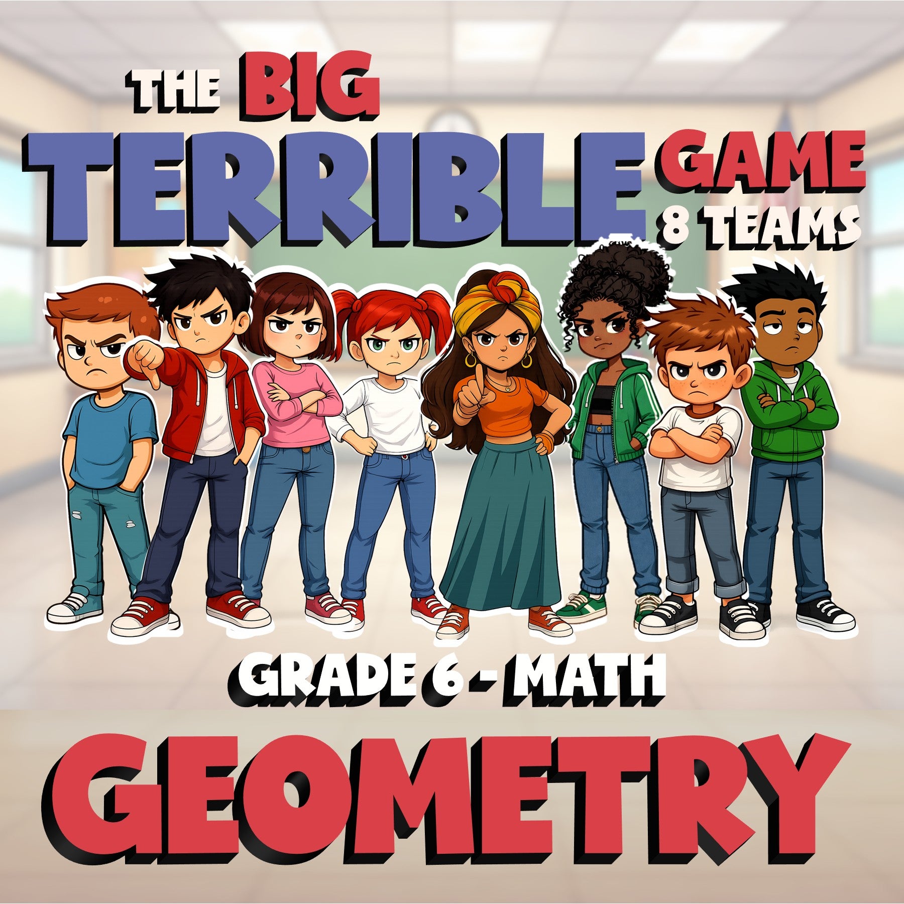 Geometry BIG TERRIBLE GAME - No Prep Grade 6 Math Review Activity