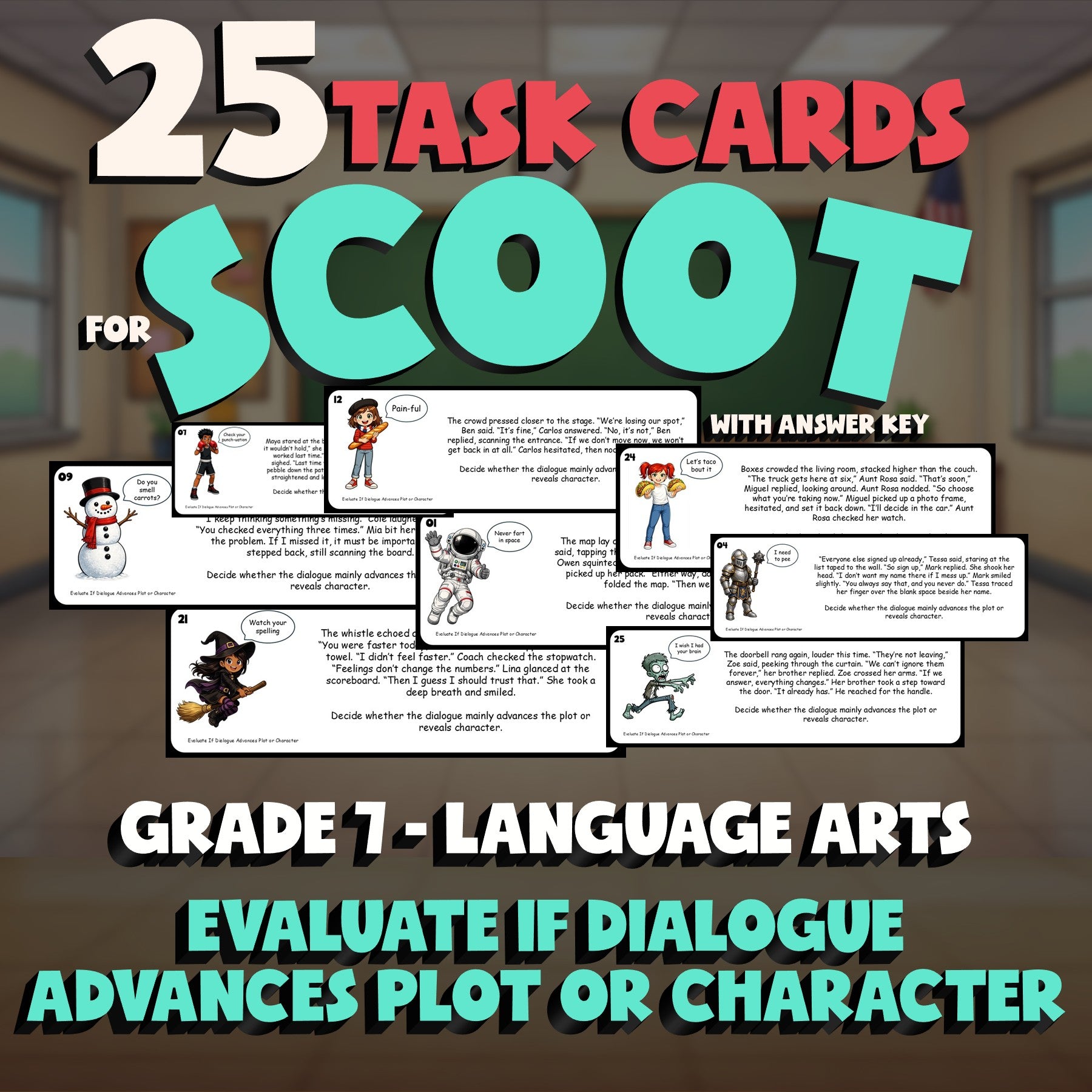 Evaluate If Dialogue Advances Plot or Character SCOOT TASK CARDS ELA Game - G7