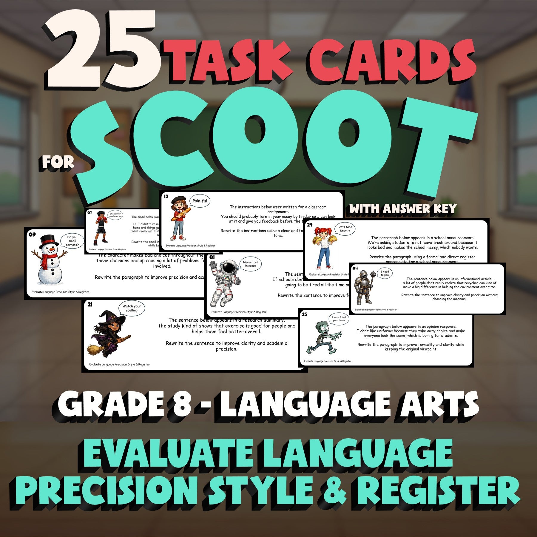 Evaluate Language Precision Style & Register SCOOT TASK CARDS ELA Game - Grade 8