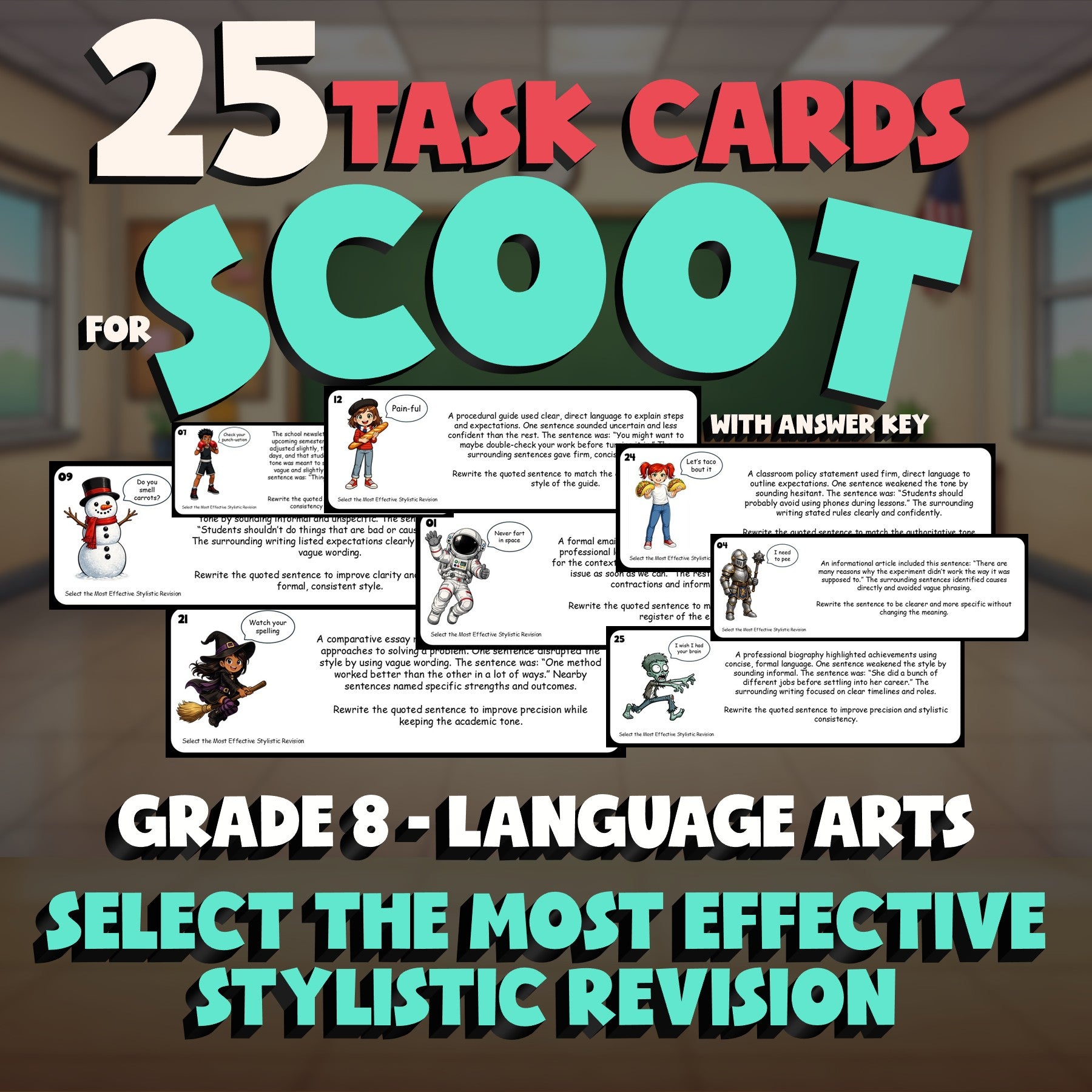Select the Most Effective Stylistic Revision SCOOT TASK CARDS ELA Game - Grade 8