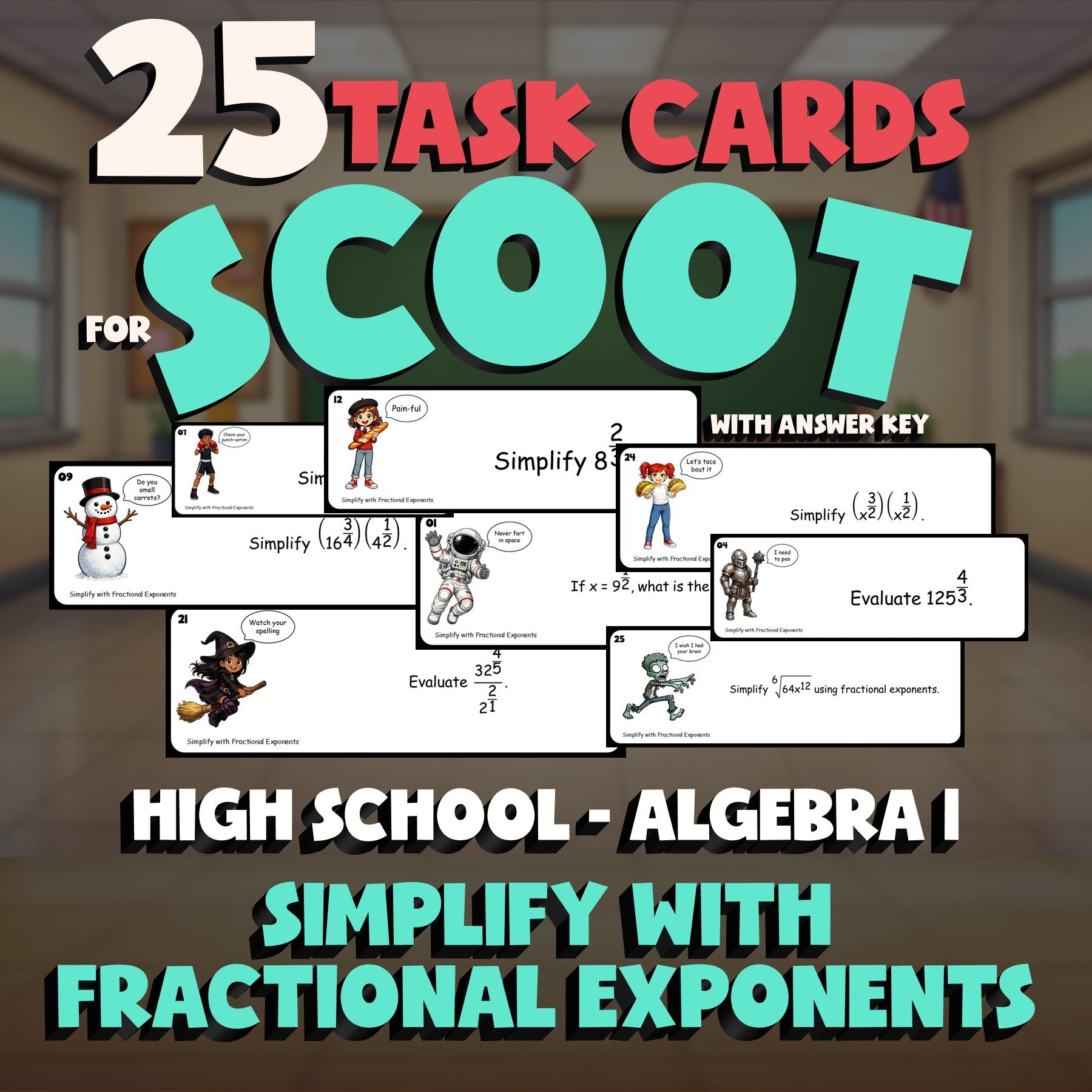 Simplify with Fractional Exponents SCOOT TASK CARDS Math Game - Algebra 1