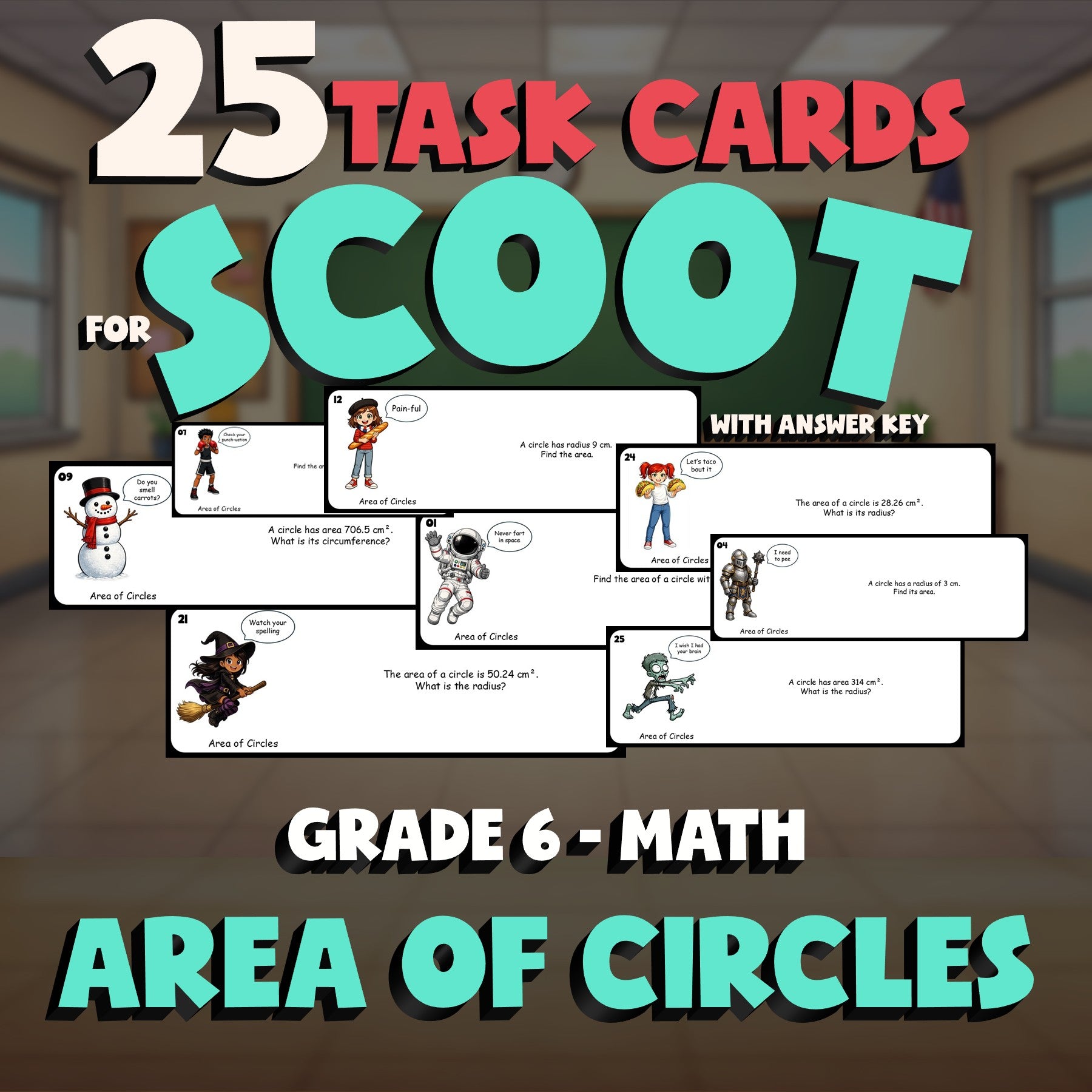 Area of Circles SCOOT TASK CARDS Math Game - No Prep Grade 6 Review Activity