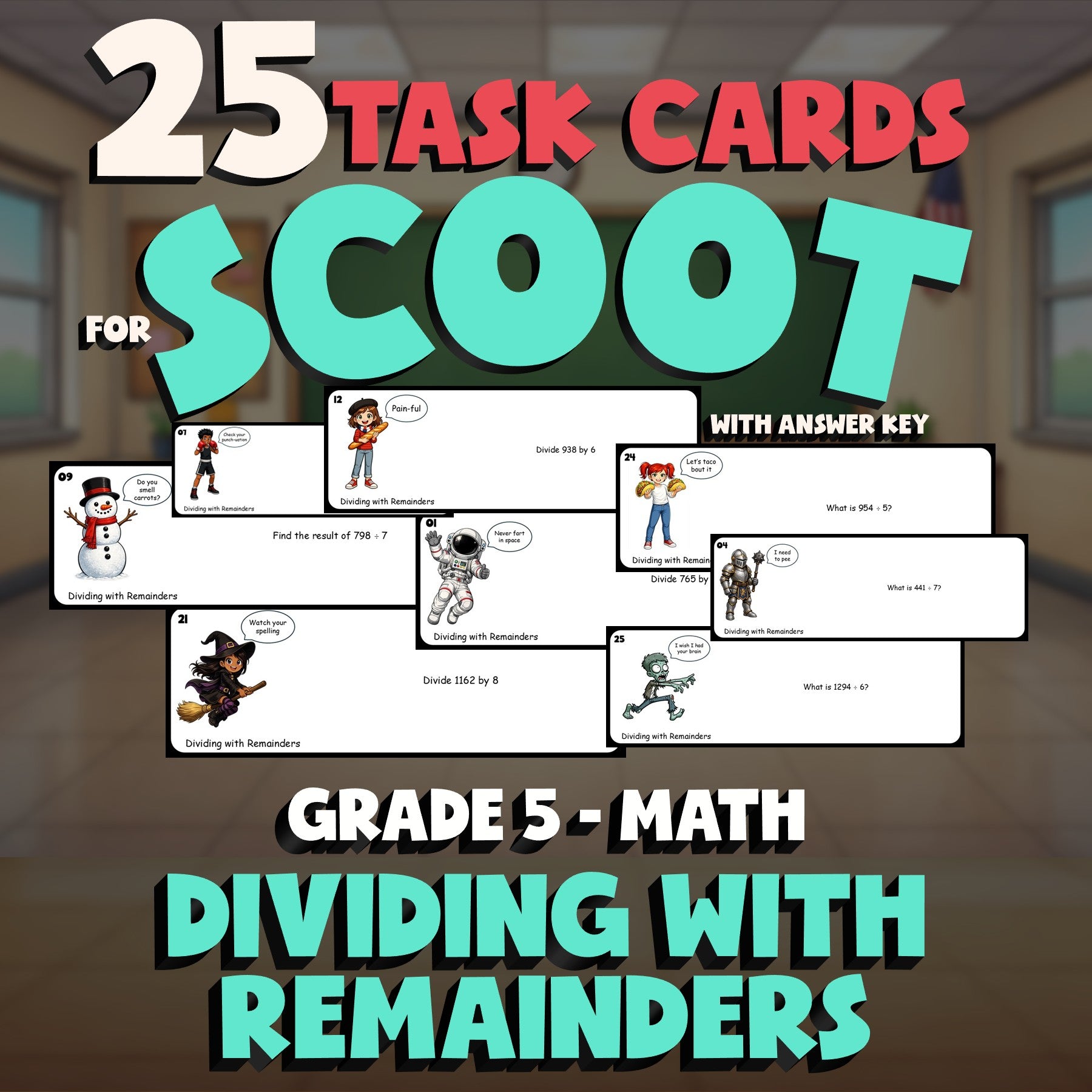 Dividing with Remainders SCOOT TASK CARDS Math Game - No Prep Grade 5 Review